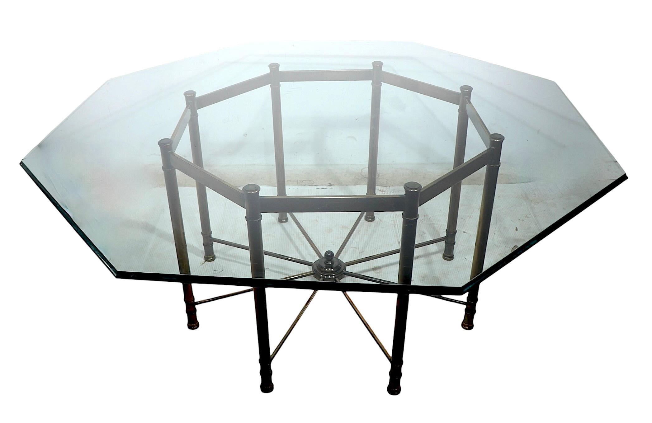 Regency Revival Large Octagonal Glass Top Brass Base Dining Table att. to Mastercrafters c 1970s For Sale