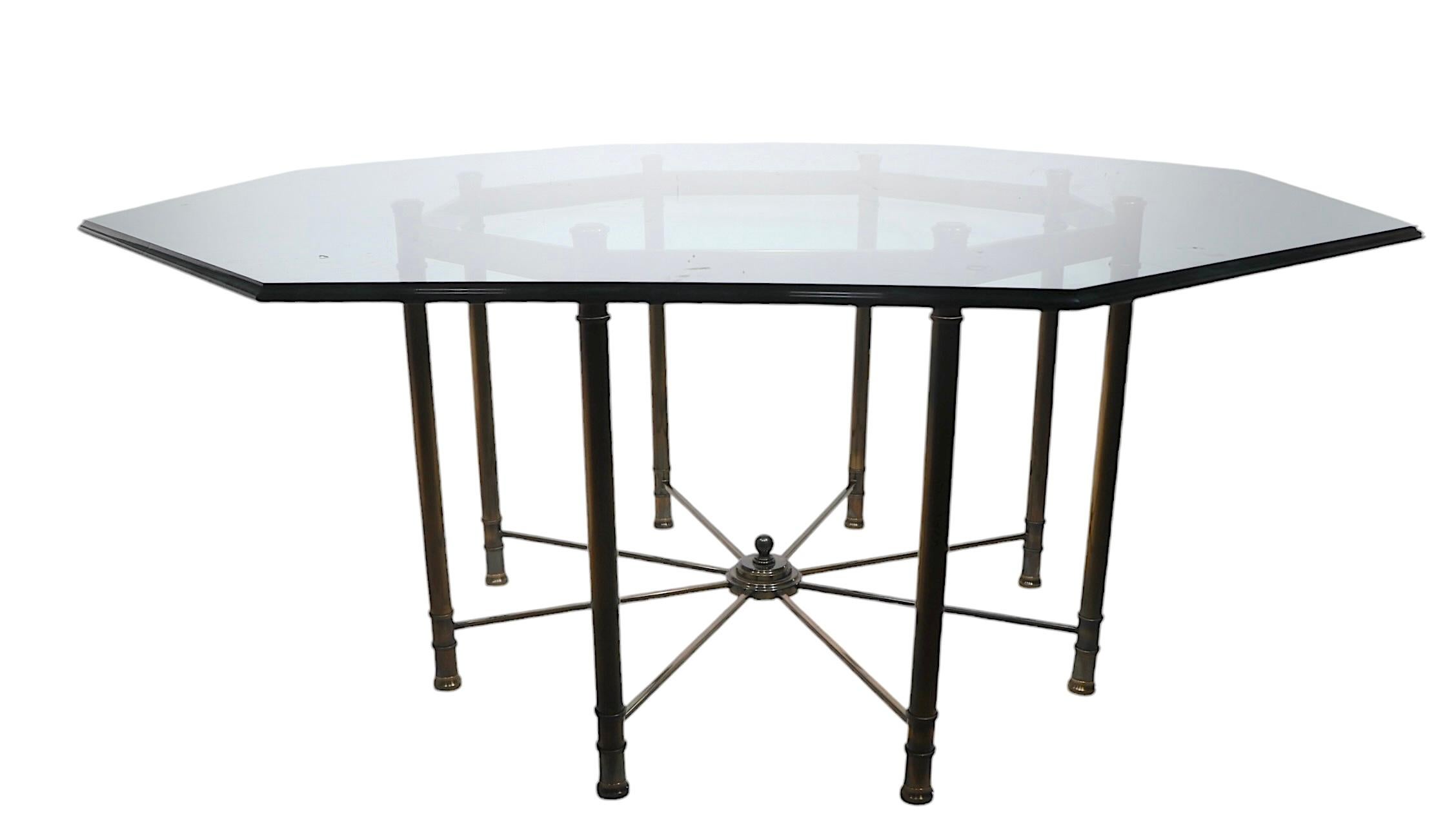American Large Octagonal Glass Top Brass Base Dining Table att. to Mastercrafters c 1970s For Sale