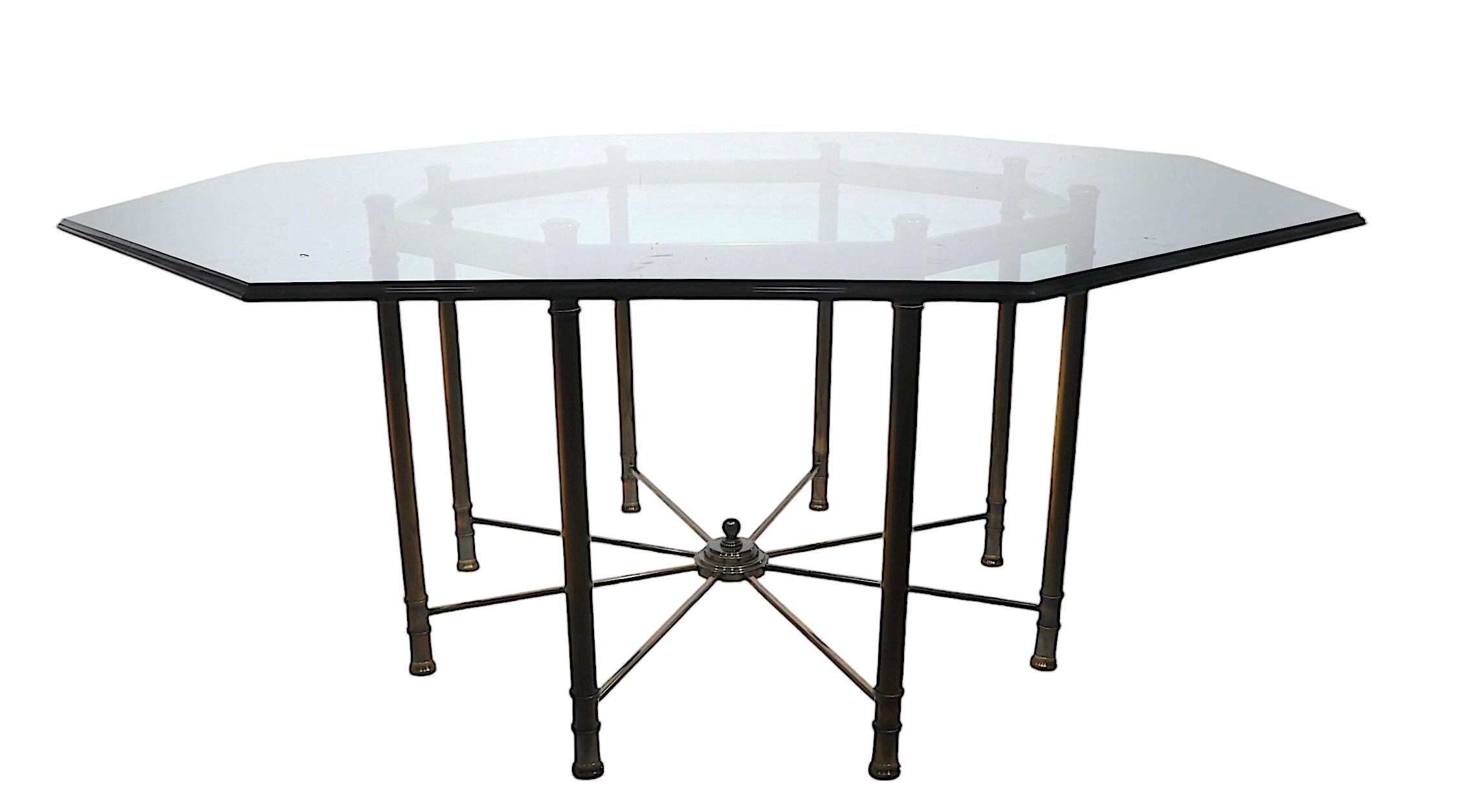 Large Octagonal Glass Top Brass Base Dining Table att. to Mastercrafters c 1970s In Good Condition For Sale In New York, NY