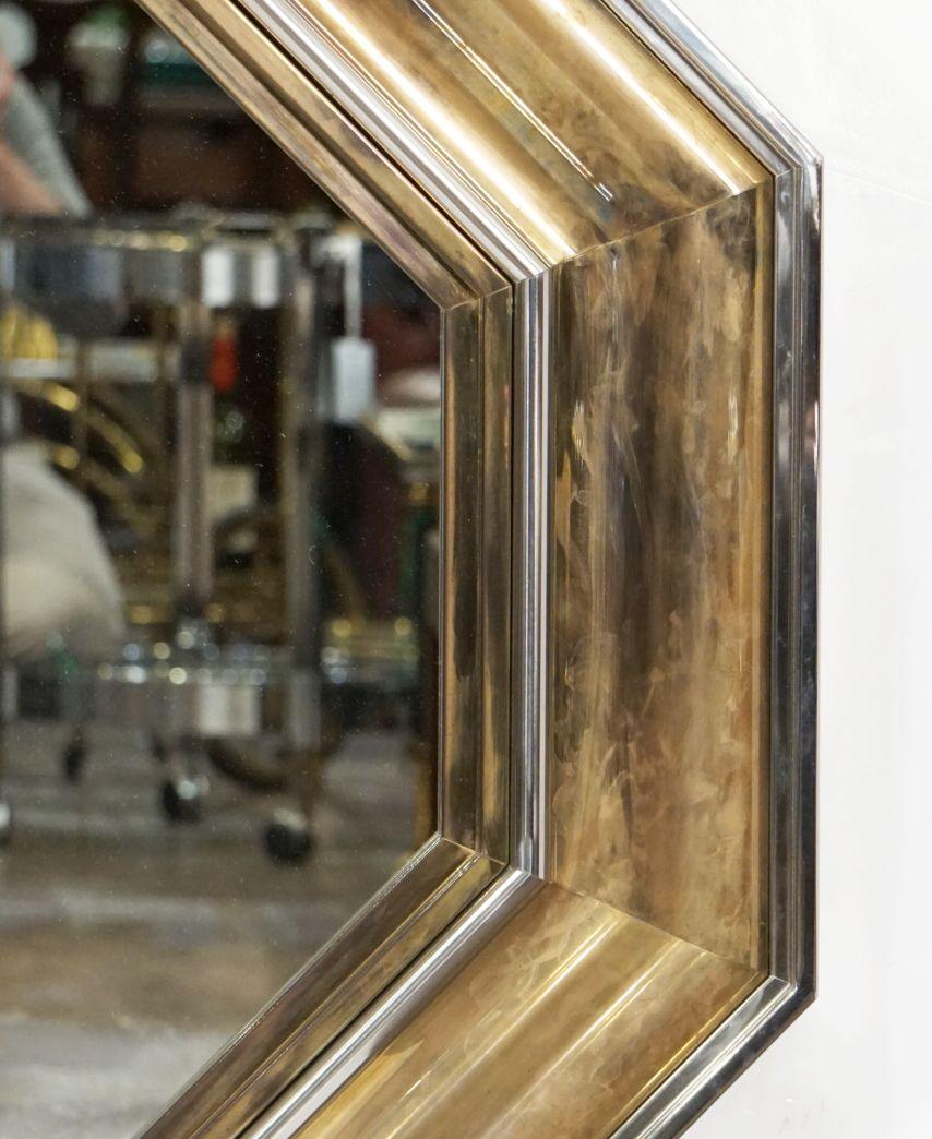 Large Italian Octagonal Mirror of Brass and Chrome by Sandro Petti (Dia 42 3/4) For Sale 4