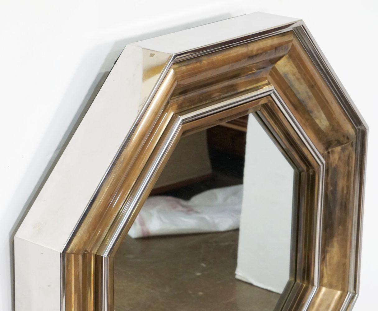 Mid-Century Modern Large Italian Octagonal Mirror of Brass and Chrome by Sandro Petti (Dia 42 3/4) For Sale