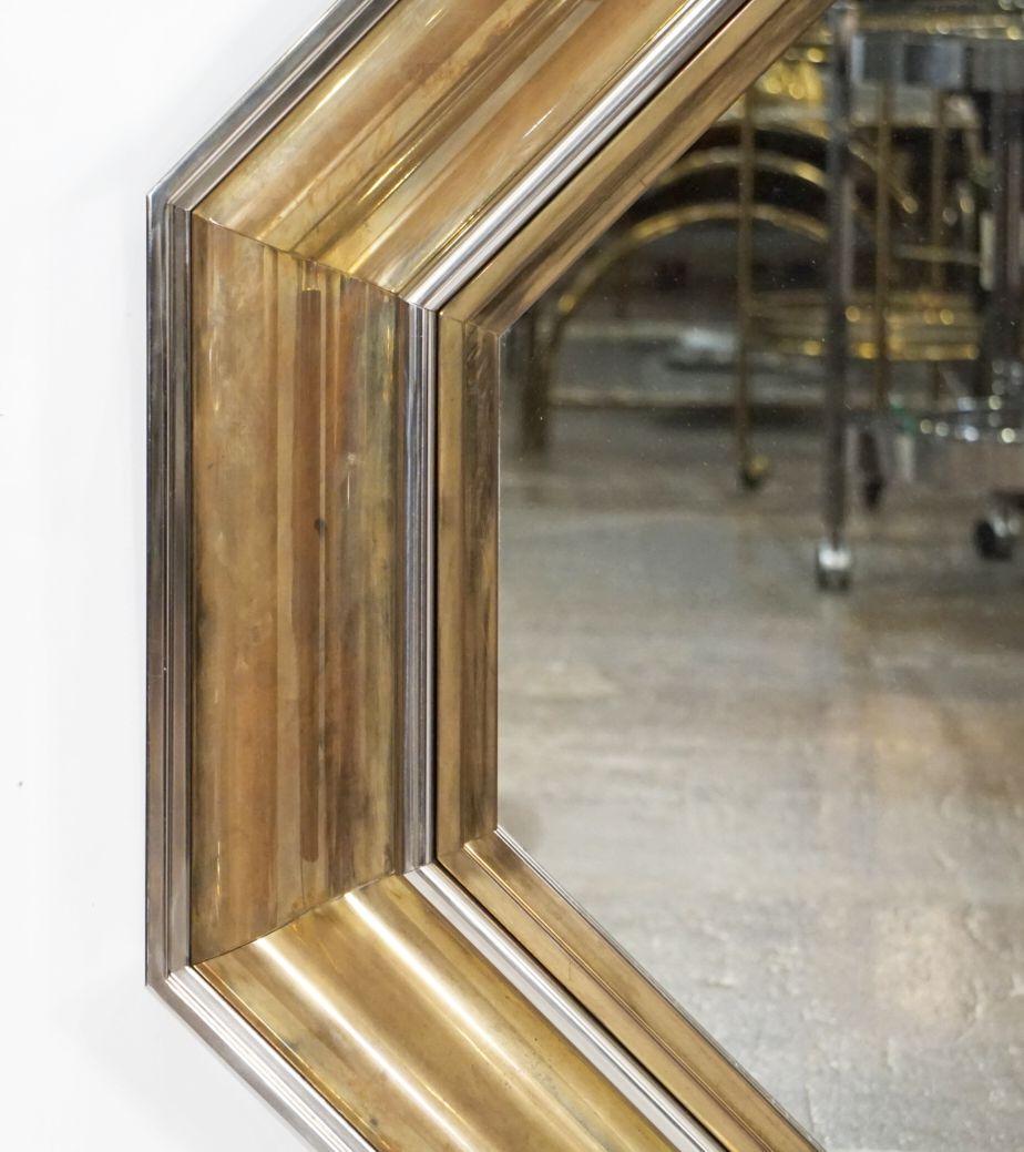 Metal Large Italian Octagonal Mirror of Brass and Chrome by Sandro Petti (Dia 42 3/4) For Sale