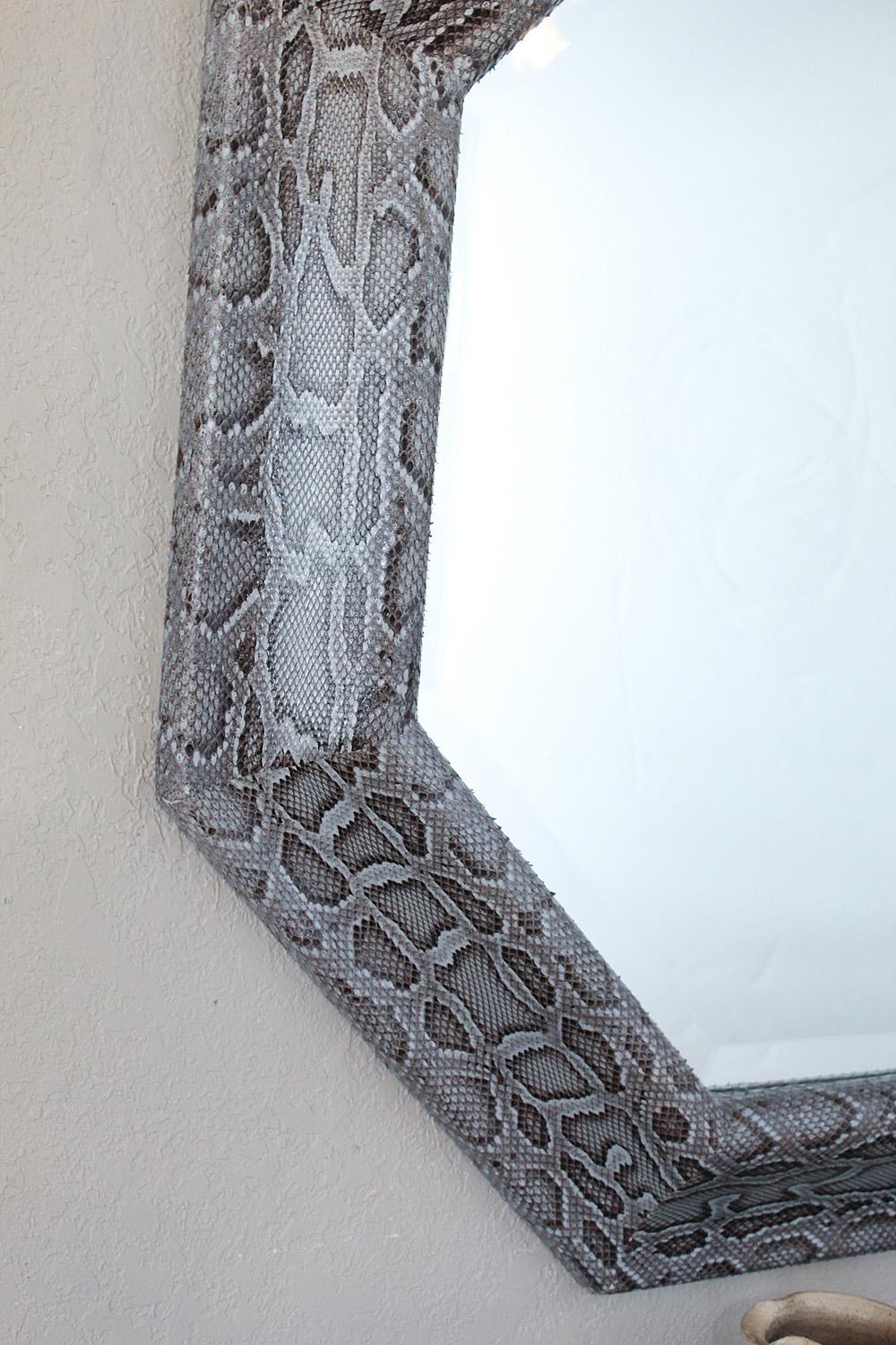 Beveled Large Octagonal Mirror in Grey, Brown and Cream Python, circa 1980 For Sale