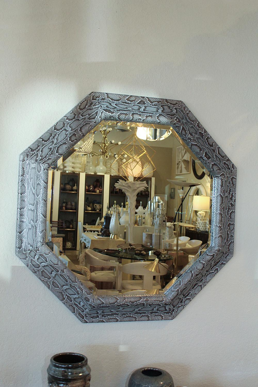 Large Octagonal Mirror in Grey, Brown and Cream Python, circa 1980 For Sale 1