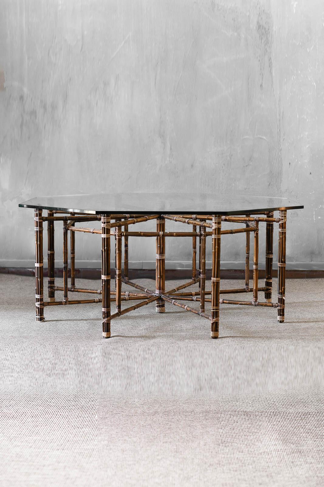 Large Octagonal Table By Elinor And John Mcguire, San Francisco 1970
Product Details
Made of cane, with leather bindings and glass top.
Dimensions: 148 W x 75 H x 148 D cm