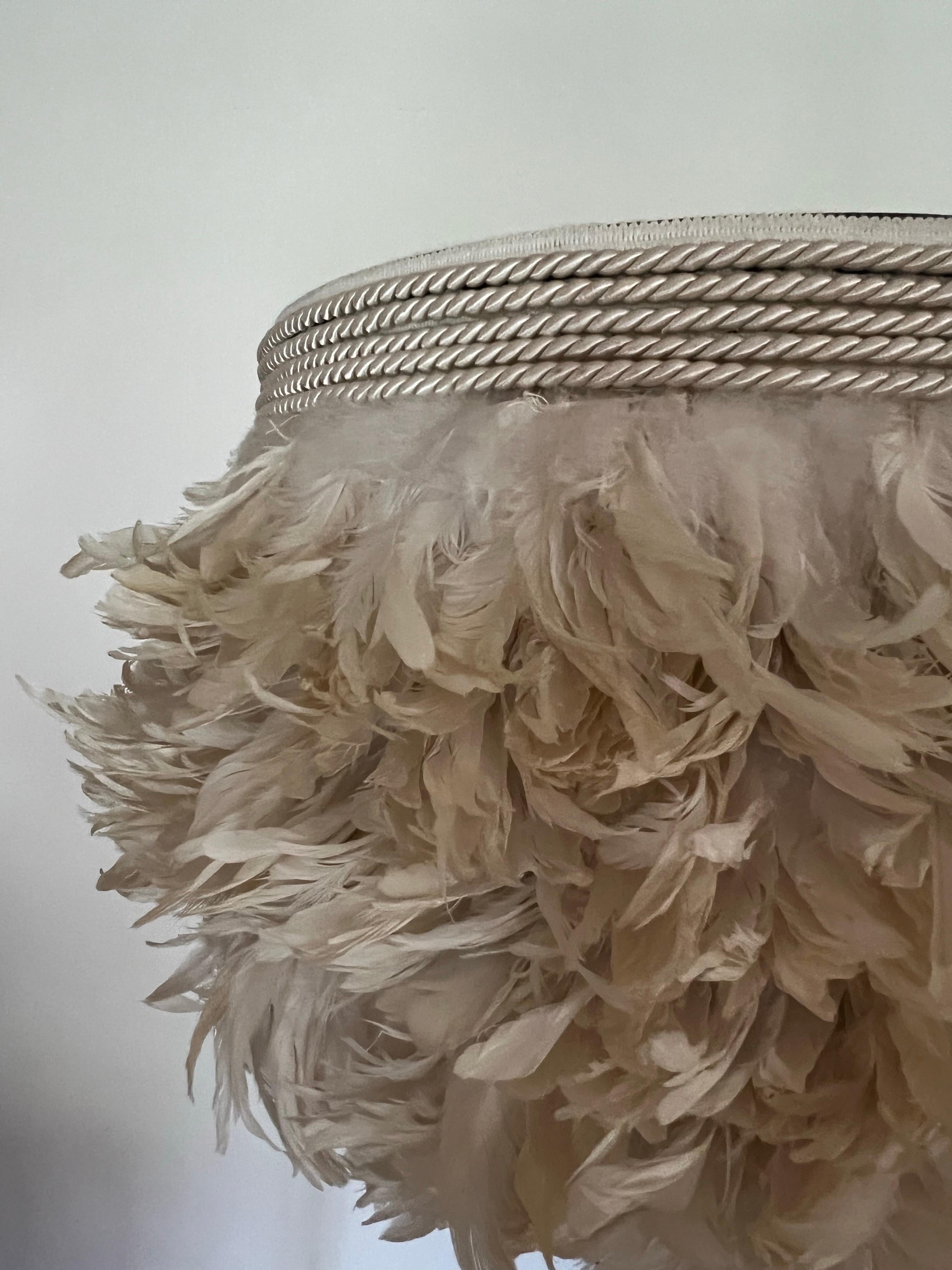 Handmade Lampshade with natural goose feathers.  Creamy off white.   
Attached to a Metal Frame and could be used as a pendant or on a lamp.

Quite large in person.
