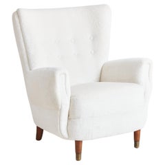 Large Off-White Textured Alpaca Lounge Chair, Denmark 1960s