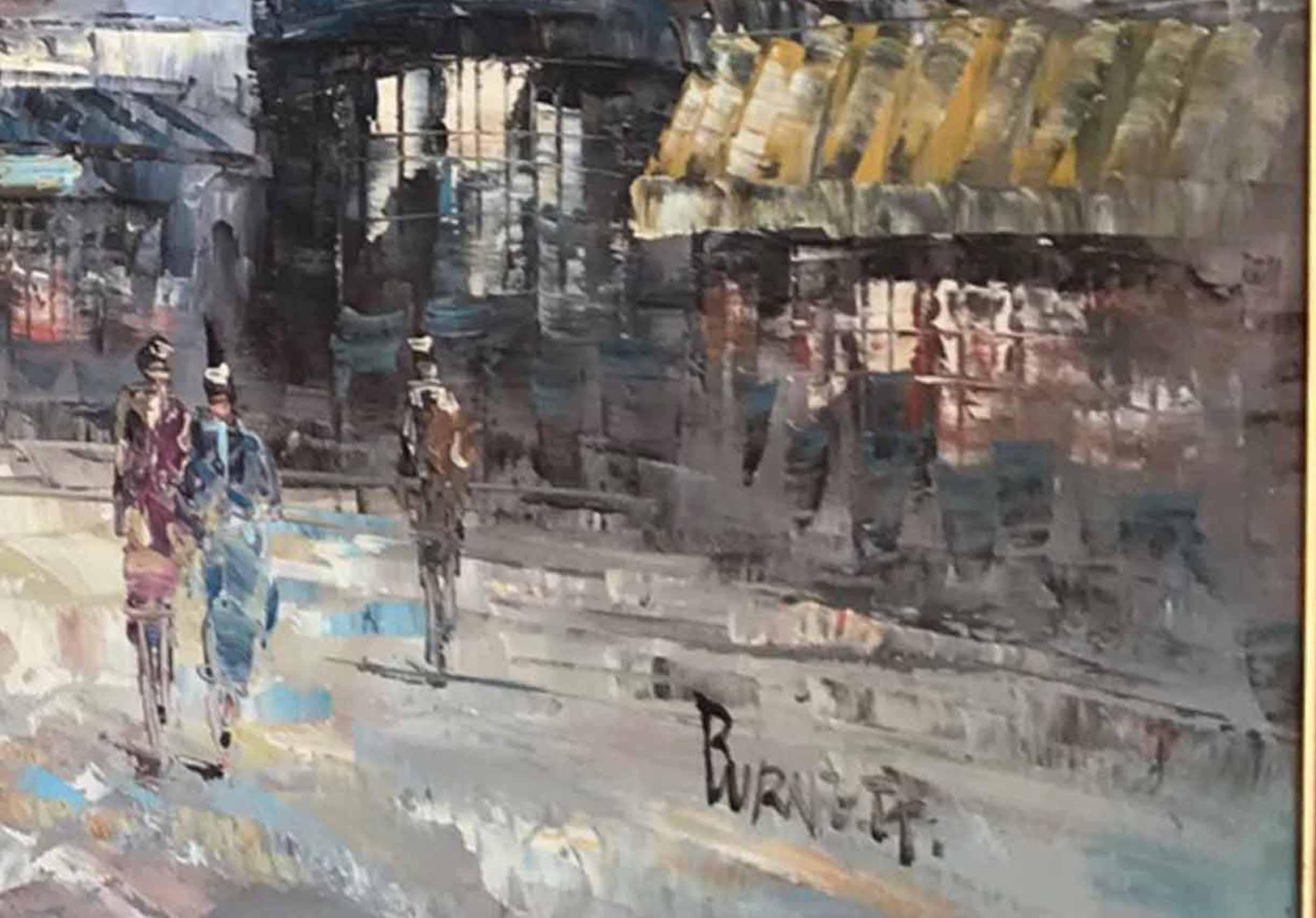 Großes Ölgemälde – Caroline Burnett „Animation vor dem Moulin Rouge – Paris“ (Farbe) im Angebot