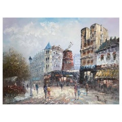 Großes Ölgemälde – Caroline Burnett „Animation vor dem Moulin Rouge – Paris“