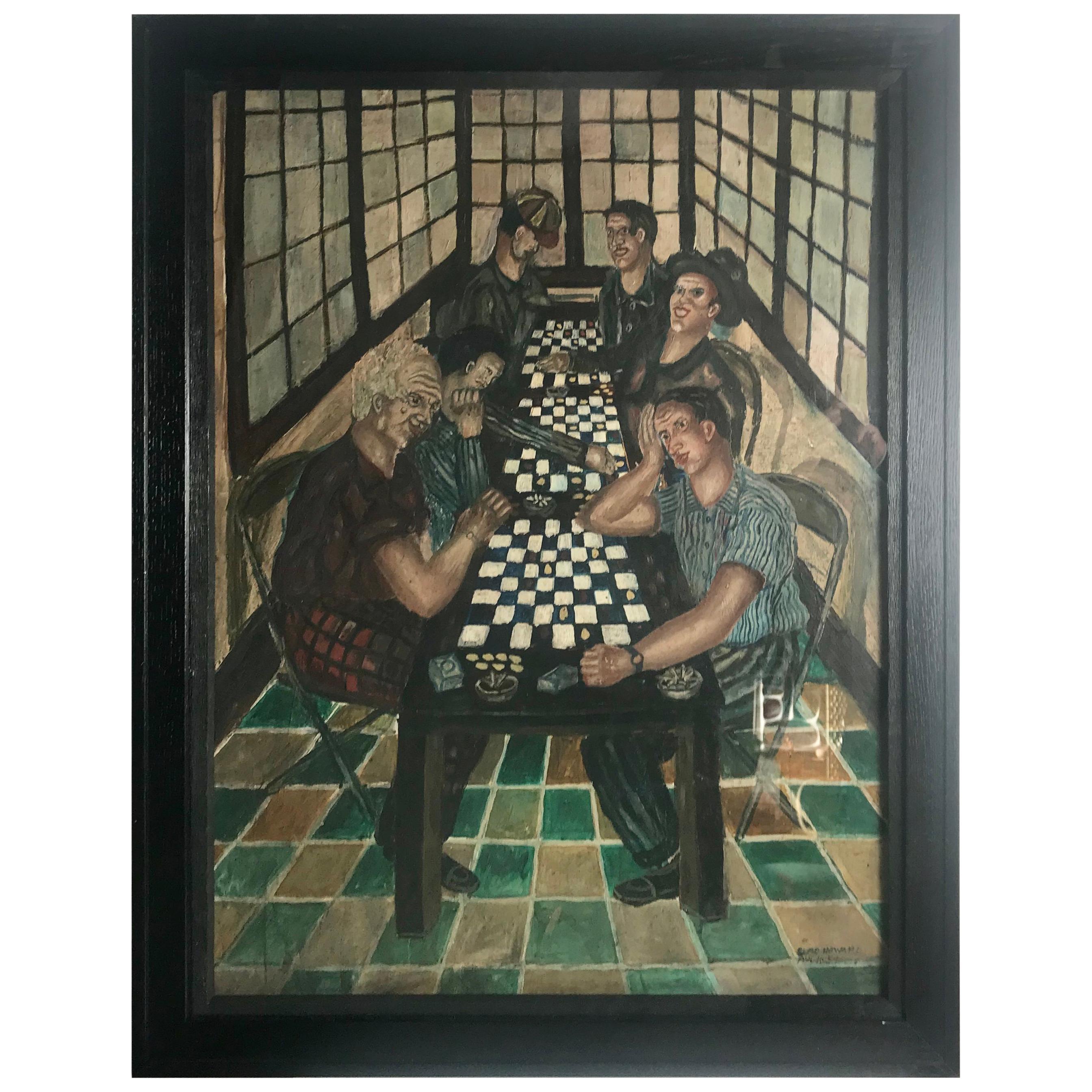 Large Oil on Board Painting "Checkers" by Elmo Howard