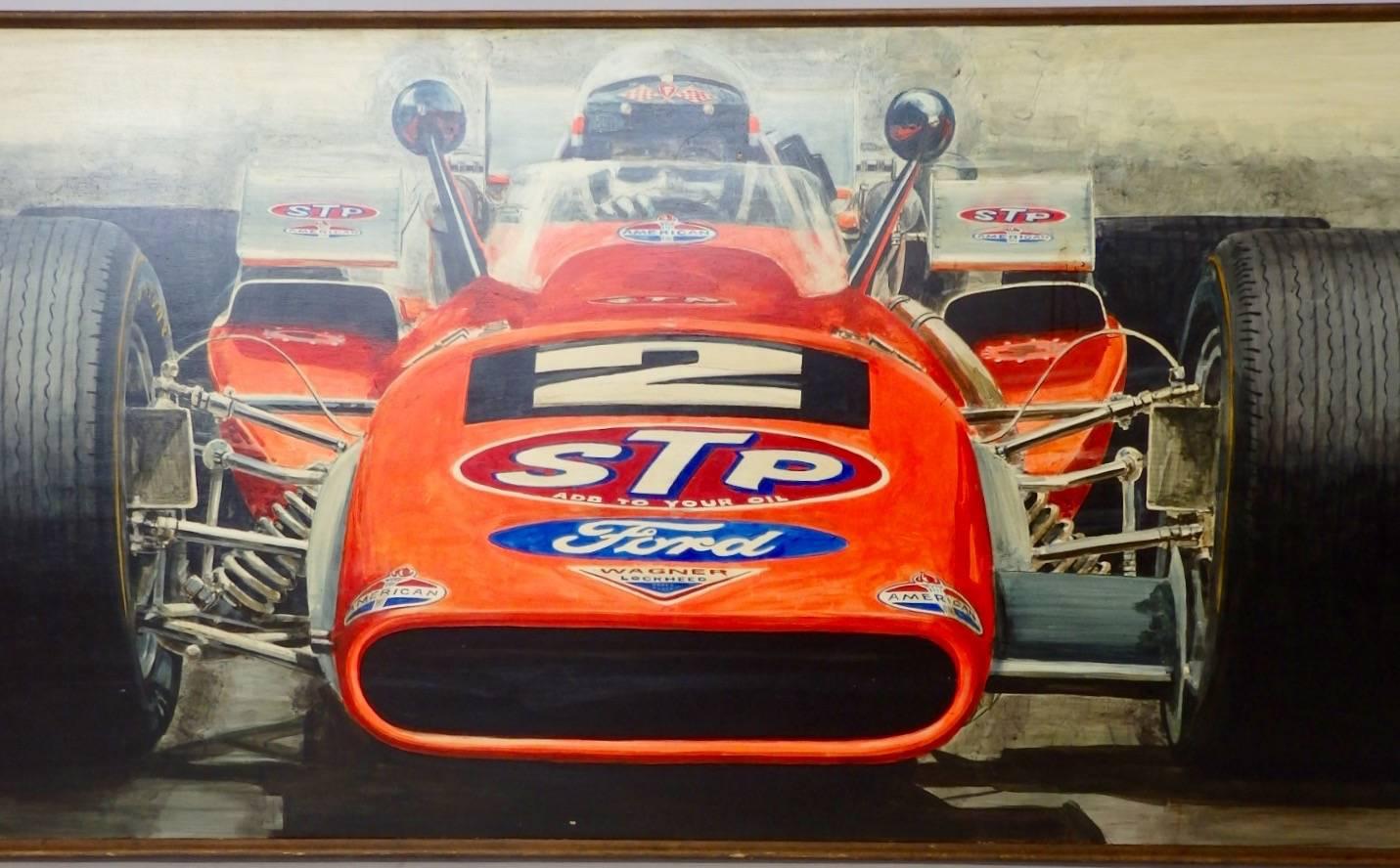 Amazing detailed oil on board painting of Mario Andrettis Brawner Hawk no. 2 STP Andy Granetelli race car. Winner of the 1969 Indy 500.