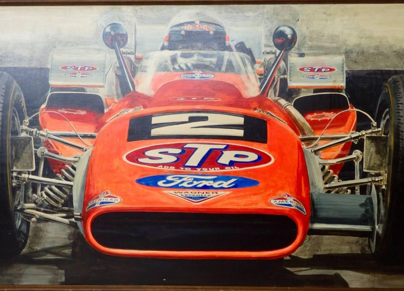 Mid-Century Modern Large Oil on Board Painting Mario Andretti 1969 Indianapolis 500 Winner
