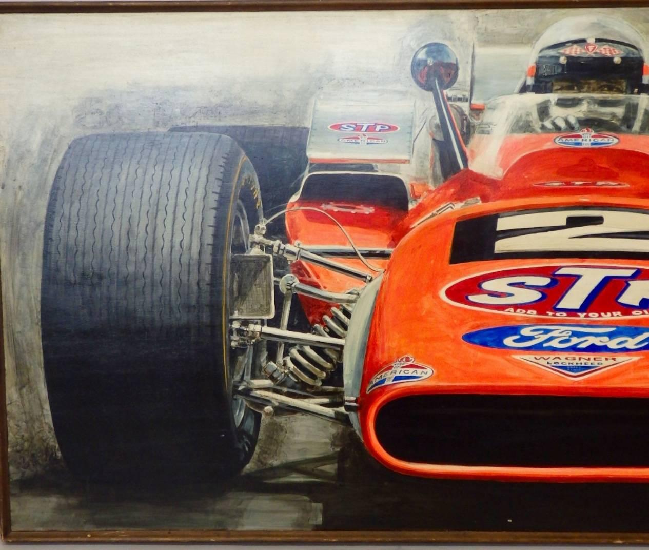 American Large Oil on Board Painting Mario Andretti 1969 Indianapolis 500 Winner