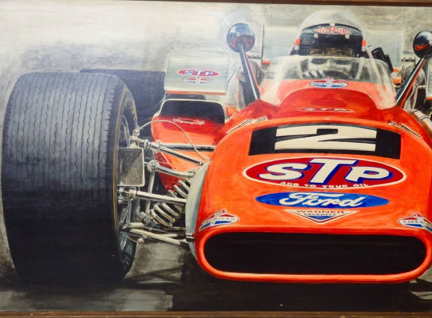 Large Oil on Board Painting Mario Andretti 1969 Indianapolis 500 Winner In Good Condition In Ferndale, MI