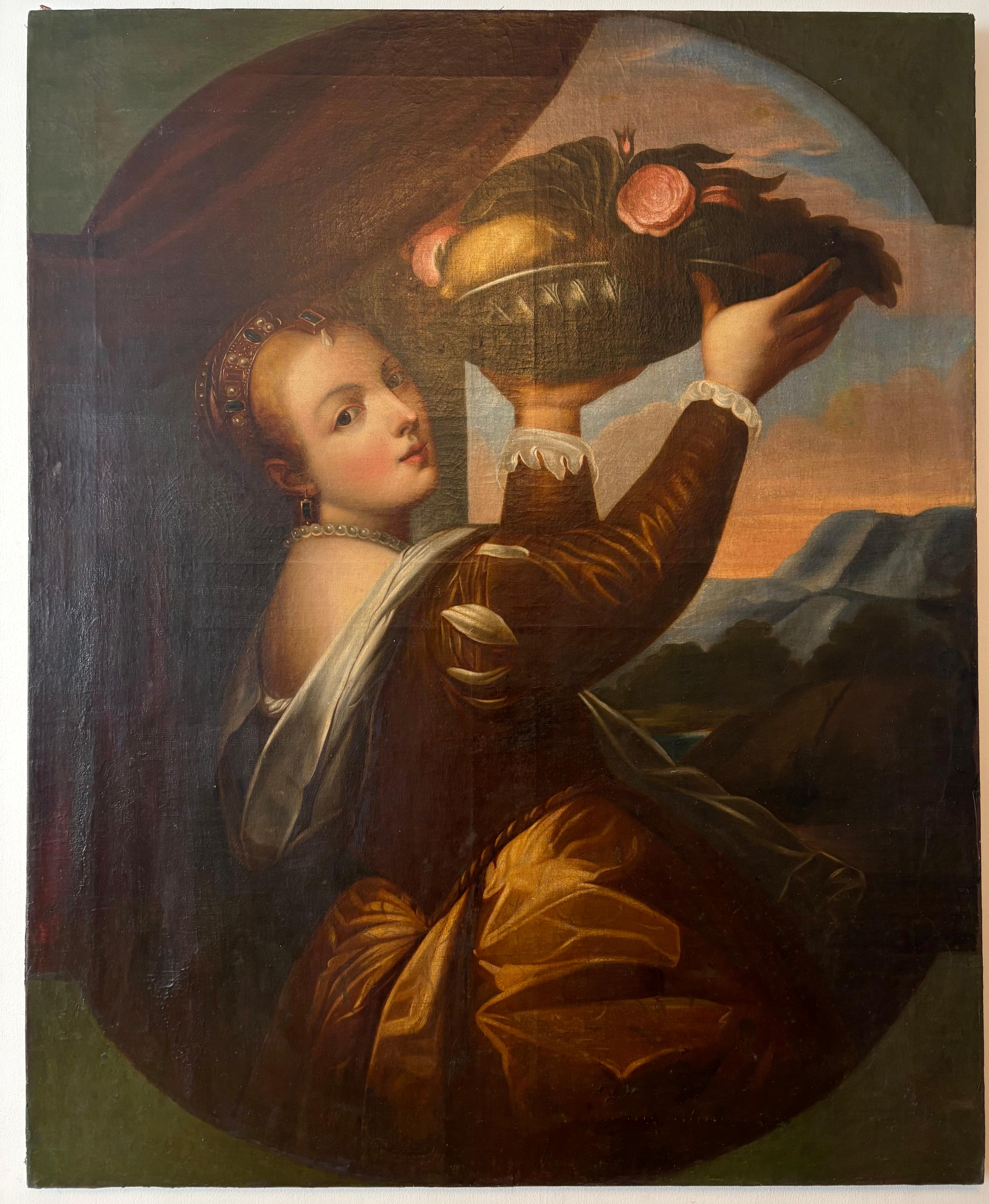 Large oil on canvas after Titian 'A girl with a basket of Fruit' 19th C.