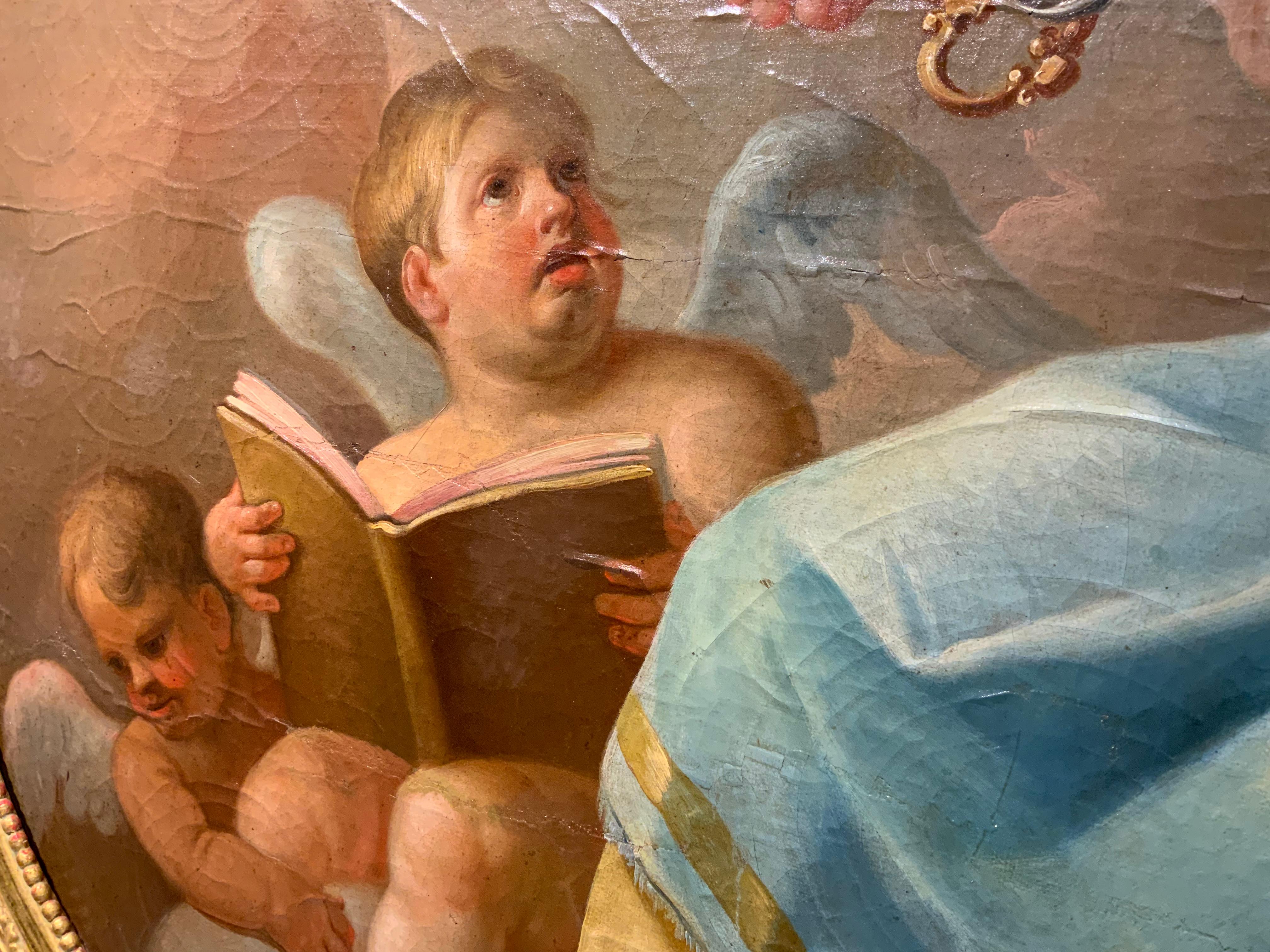 This large oil painting is unique in its oval shape and depicts The Allegory
Of Providence. The combination of color is especially pleasing in pale
Blue and rose hues. The frame is a fine gilt finish in pale gold patina.
The surrounding putti are