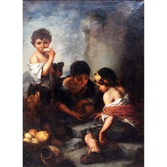 Large Oil on Canvas "Beggar Boys Playing Dice" After Bartolomé Esteban Murrillo