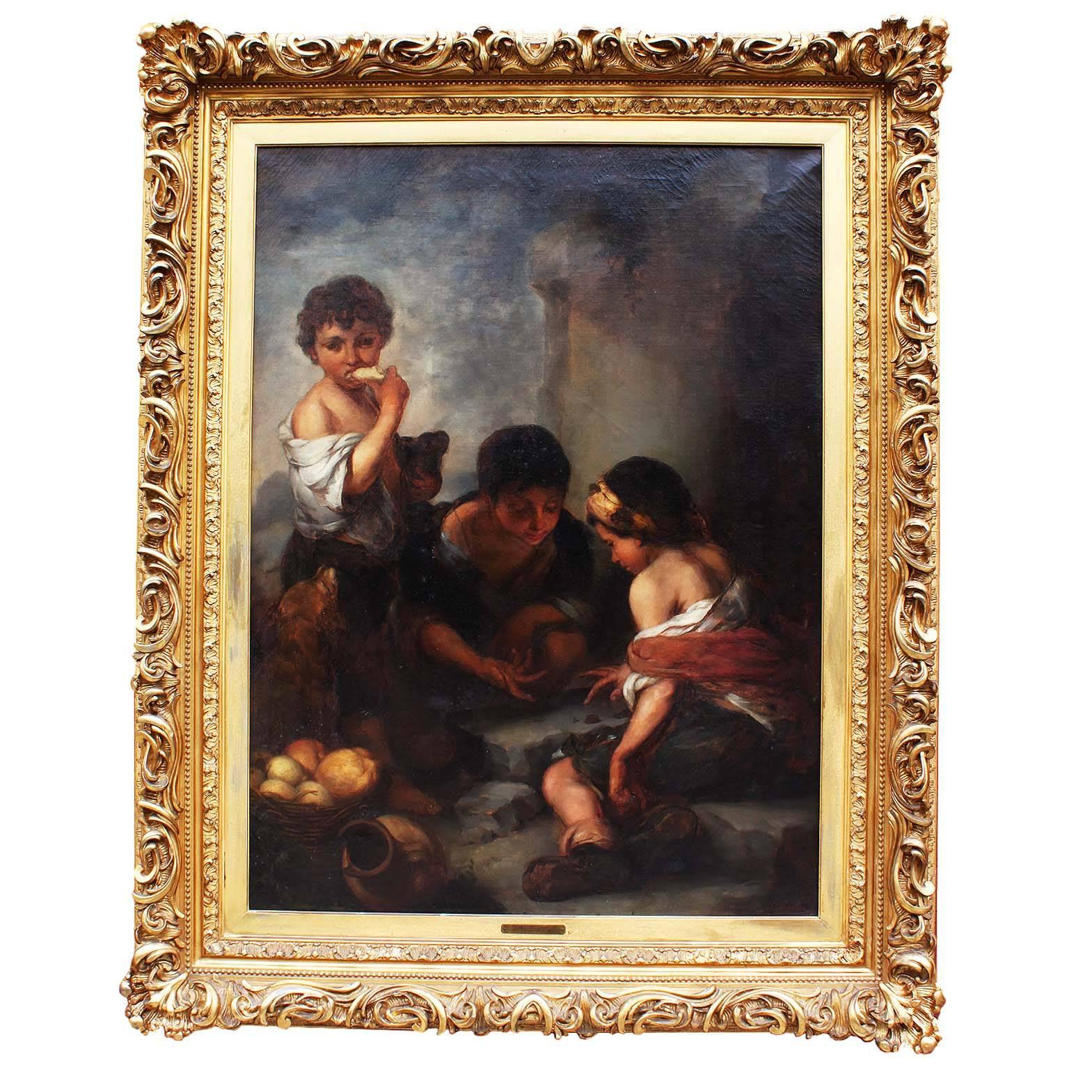 Large Oil on Canvas "Beggar Boys Playing Dice" After Bartolomé Esteban Murrillo For Sale