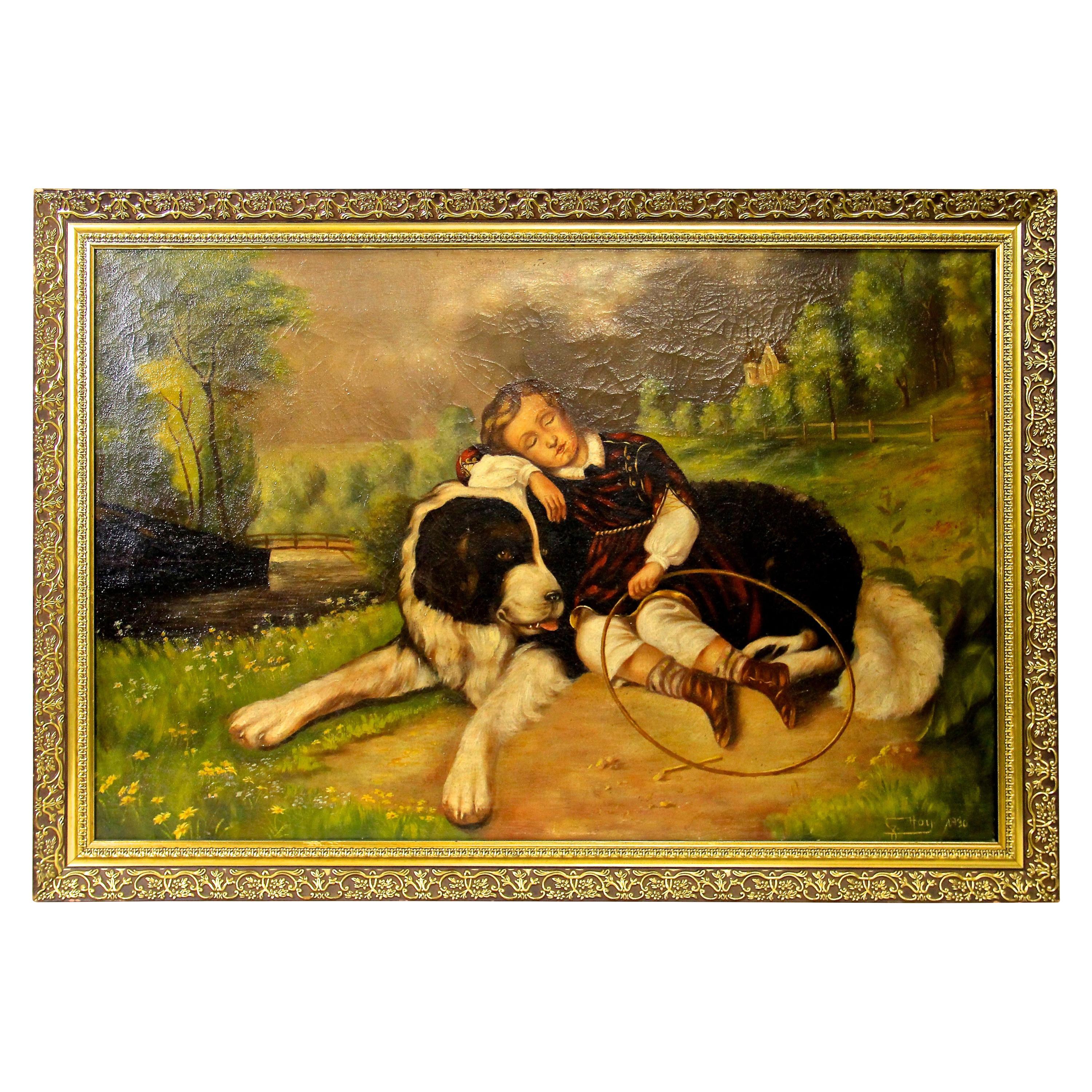 Large Oil On Canvas "Best Friends", Signed G. Hoy, 1930 For Sale