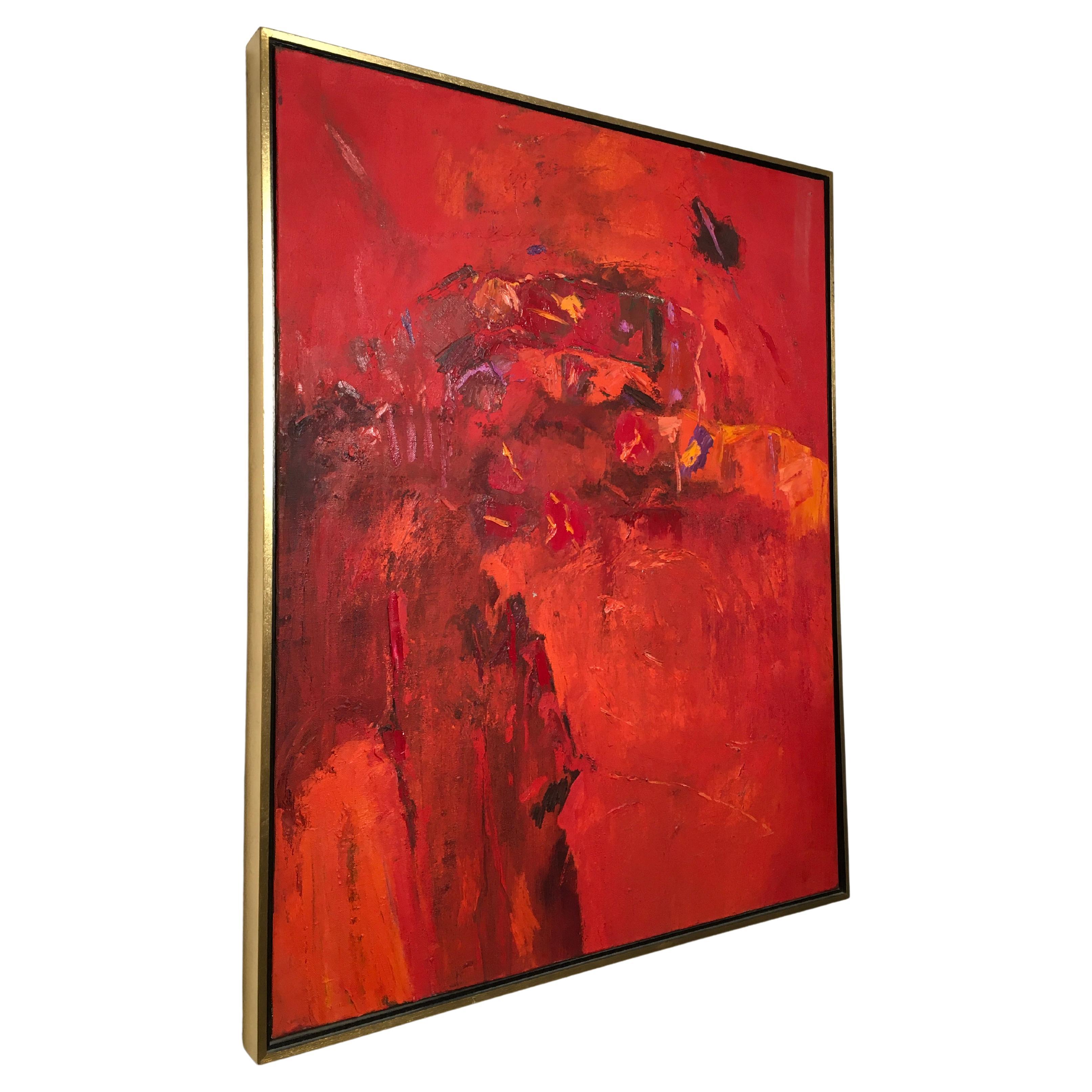 Mid-Century Modern Large Oil on Canvas by Beverley Downie 1978 Red Abstract Expressionist For Sale