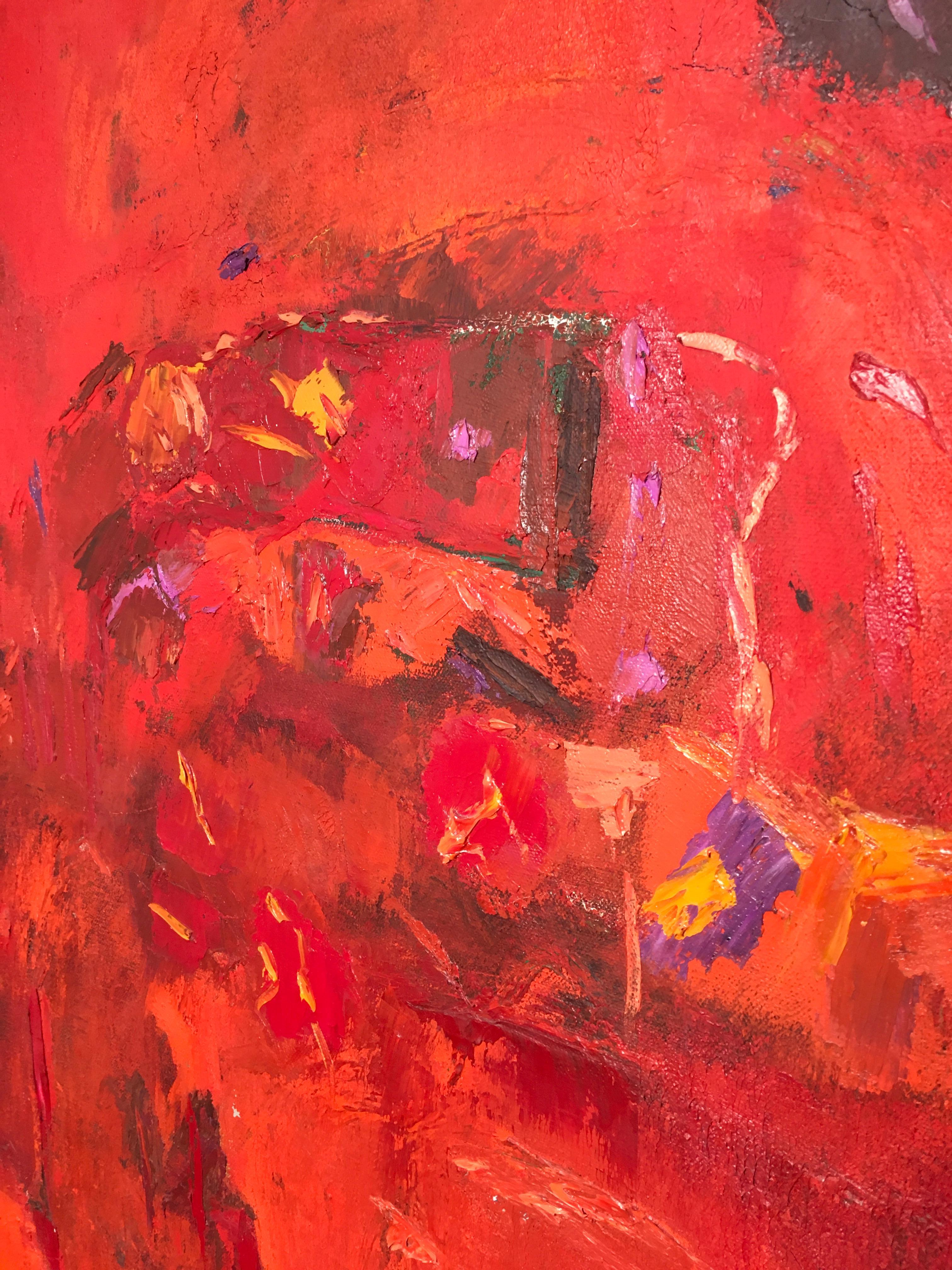Hand-Painted Large Oil on Canvas by Beverley Downie 1978 Red Abstract Expressionist For Sale