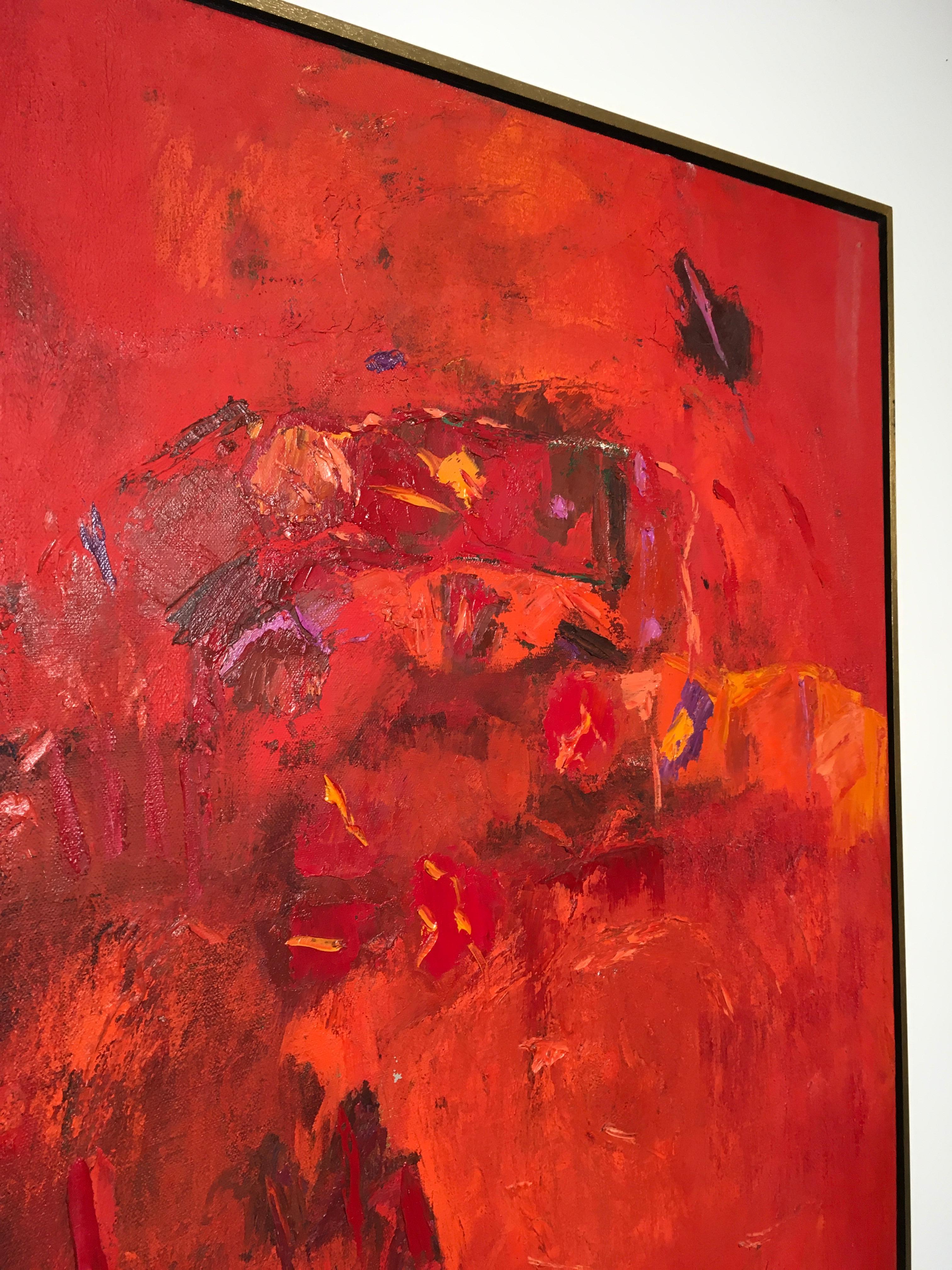 Large Oil on Canvas by Beverley Downie 1978 Red Abstract Expressionist For Sale 1