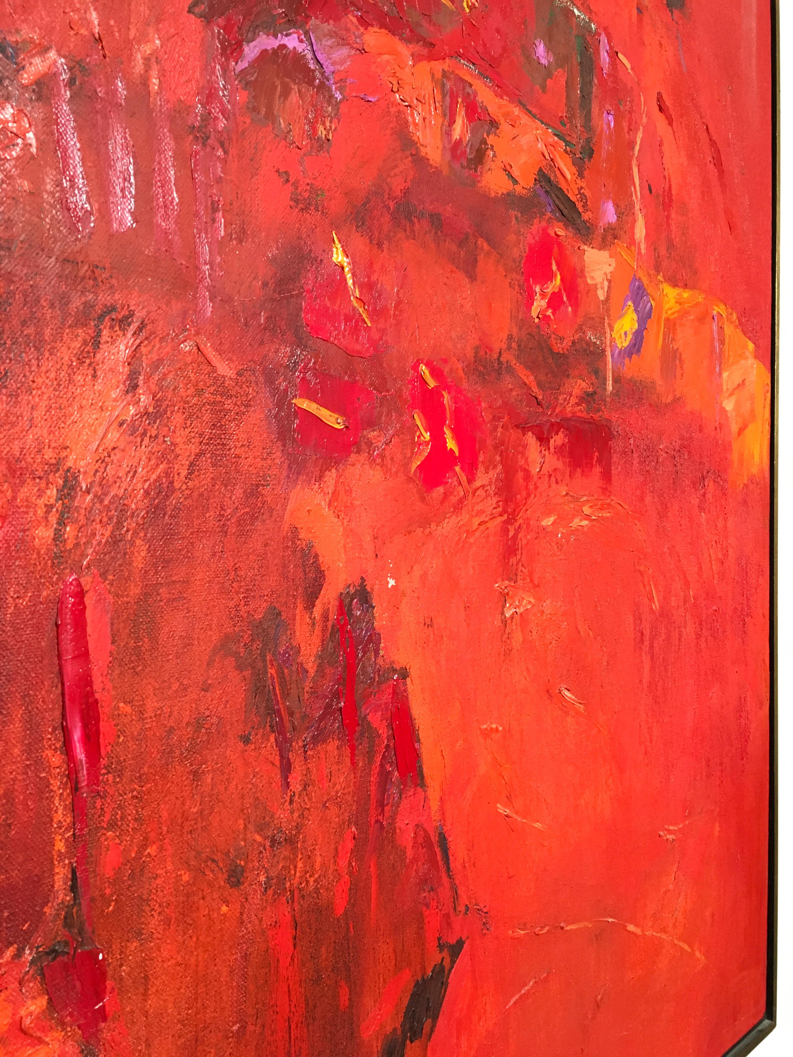 Large Oil on Canvas by Beverley Downie 1978 Red Abstract Expressionist For Sale 2