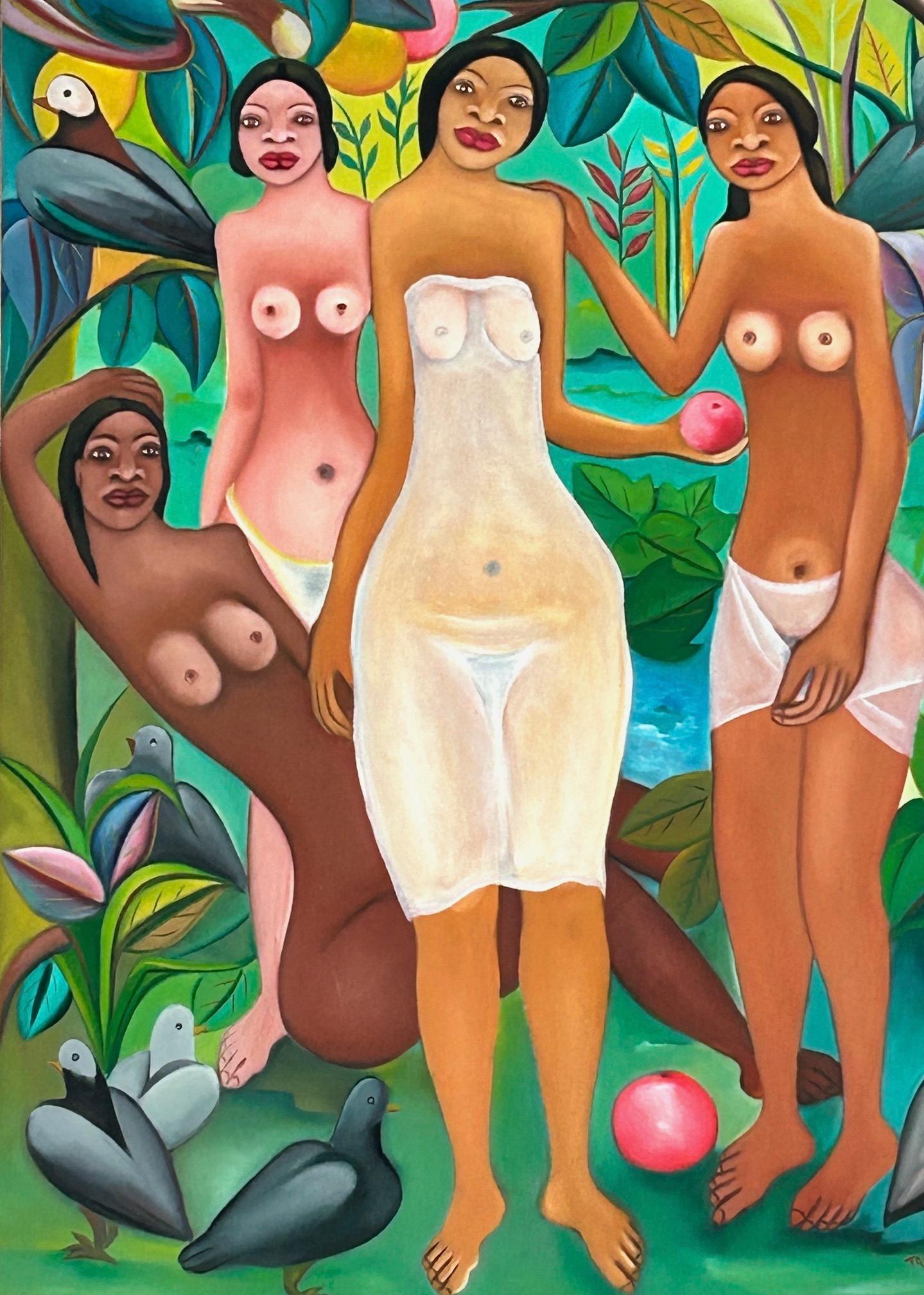 Raro y gran óleo sobre lienzo de Fritzner Alphonse circa 1970 . El estilo es el ingenuo . Elegante cuadro que representa a 4 mujeres y pájaros.
Firmado abajo a la derecha. 
Dimensiones sin marco: 76,5cm x 101,5cm 
También está disponible en otro