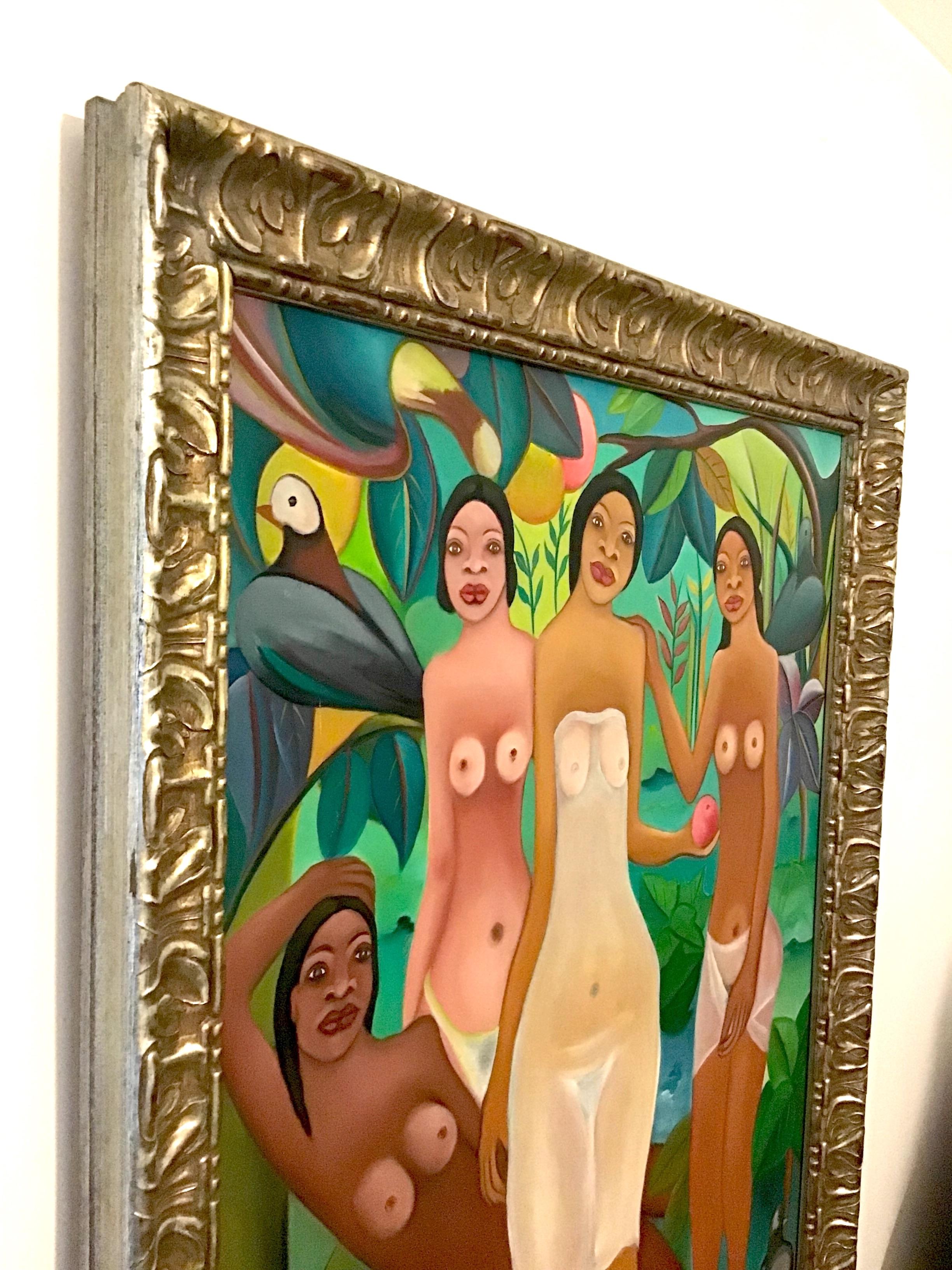 Gran óleo sobre lienzo de Fritzner Alphonse (1938 - 2006) Escuela haitiana de los años 20 en Bueno estado para la venta en LE CANNET, FR