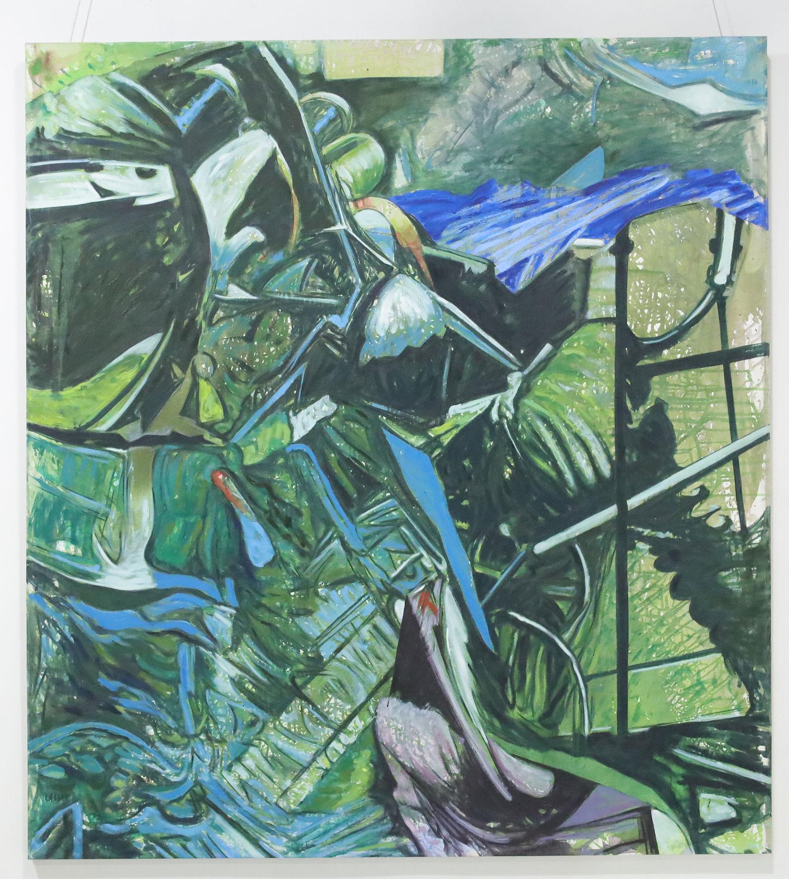 Bright colorful oil on canvas painting by Juan Carlos Lasser. Selvatico II (wild, rough, jungle, primative). 

Lasser studied at the Mutualidad de Estudiantes y Egresados de Bellas Artes (MEEBA). Since 1973, the painter of abstract, colorfully