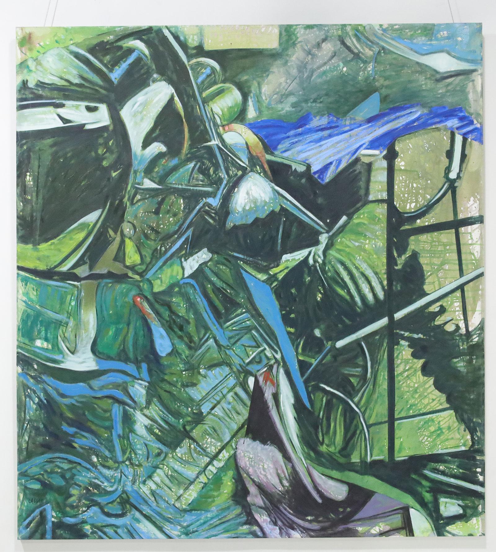 Leuchtend buntes Ölgemälde auf Leinwand von Juan Carlos Lasser. Selvatico II (wild, rau, Dschungel, urwüchsig). 

Lasser studierte an der Mutualidad de Estudiantes y Egresados de Bellas Artes (MEEBA). Seit 1973 hat der Maler abstrakter, farbenfroher