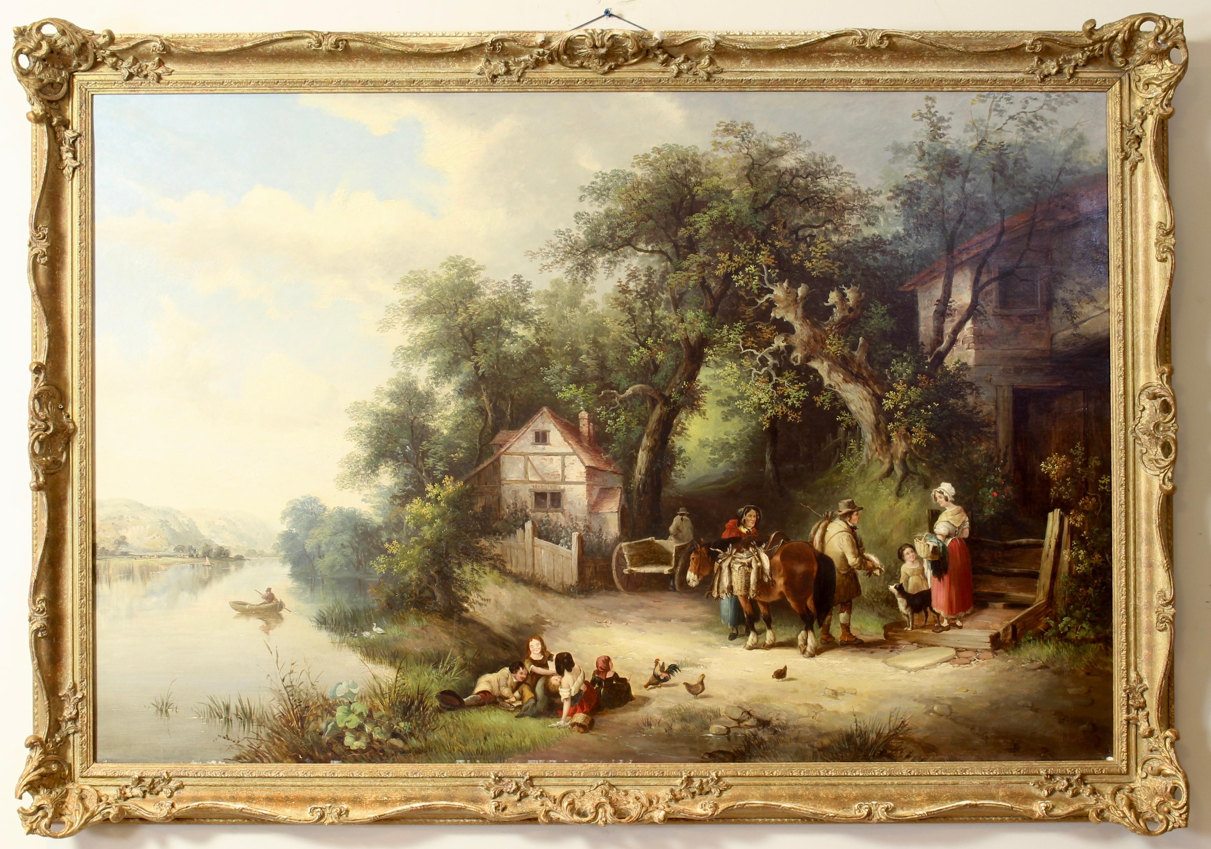 A large and impressive mid-19th century. oil-on-canvas landscape painting depicting a peddler selling his wares in a country setting. In later carved giltwood frame. Signed lower right, 