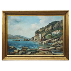 Large Oil on Canvas Gilt Frame Painting, Ercole Magrotti, 115x85cm, Amalfi Coast
