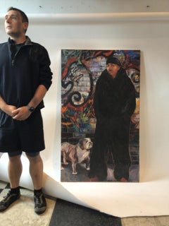 Large Oil on Canvas Graffiti Art Portrait of Man and Dog