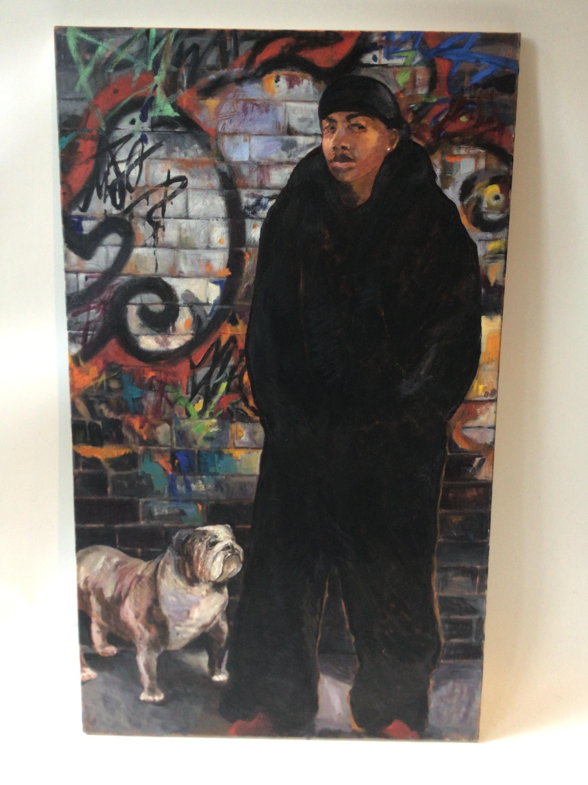 Large Oil on Canvas Graffiti Art Portrait of Man and Dog In Good Condition For Sale In Tarrytown, NY