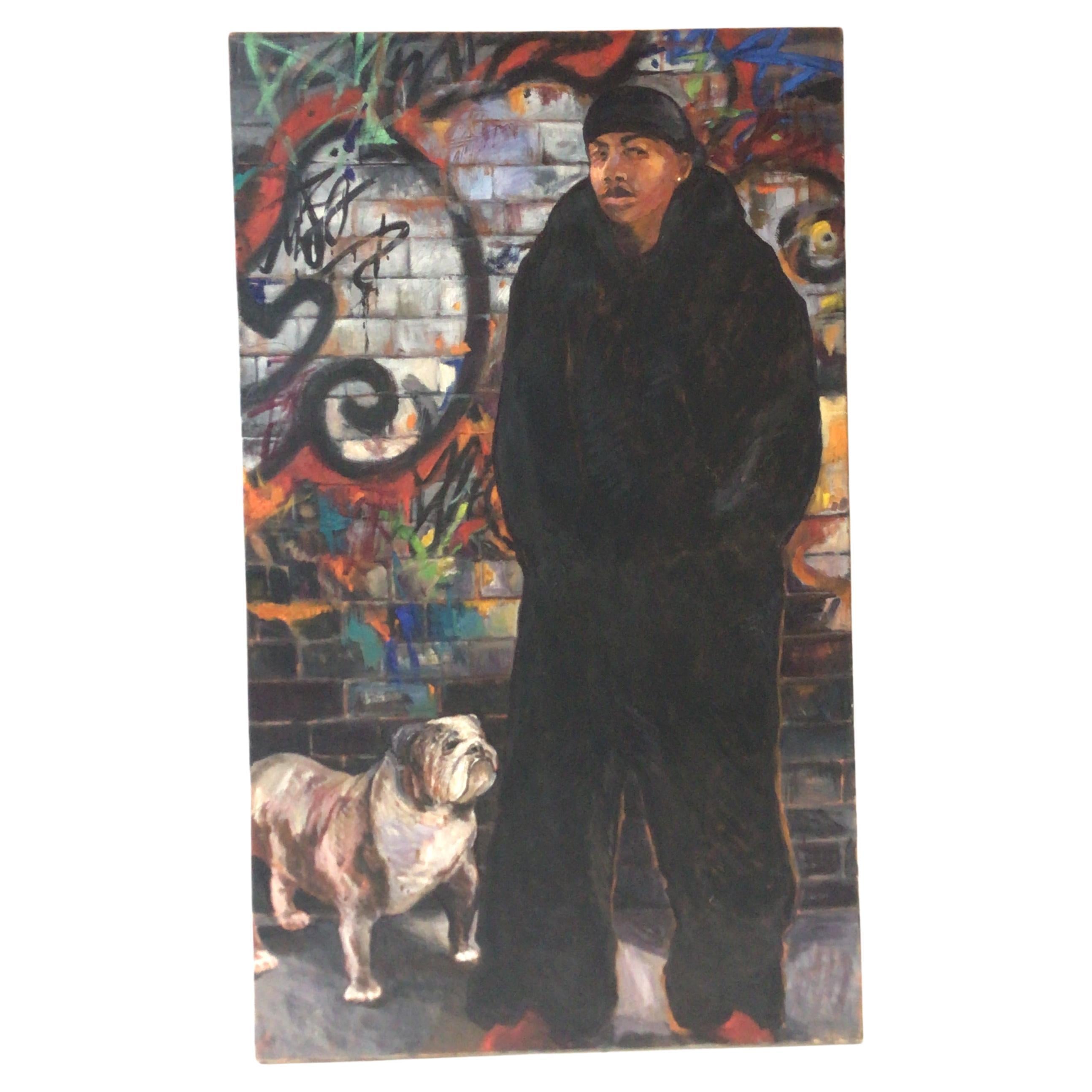 Large Oil on Canvas Graffiti Art Portrait of Man and Dog For Sale