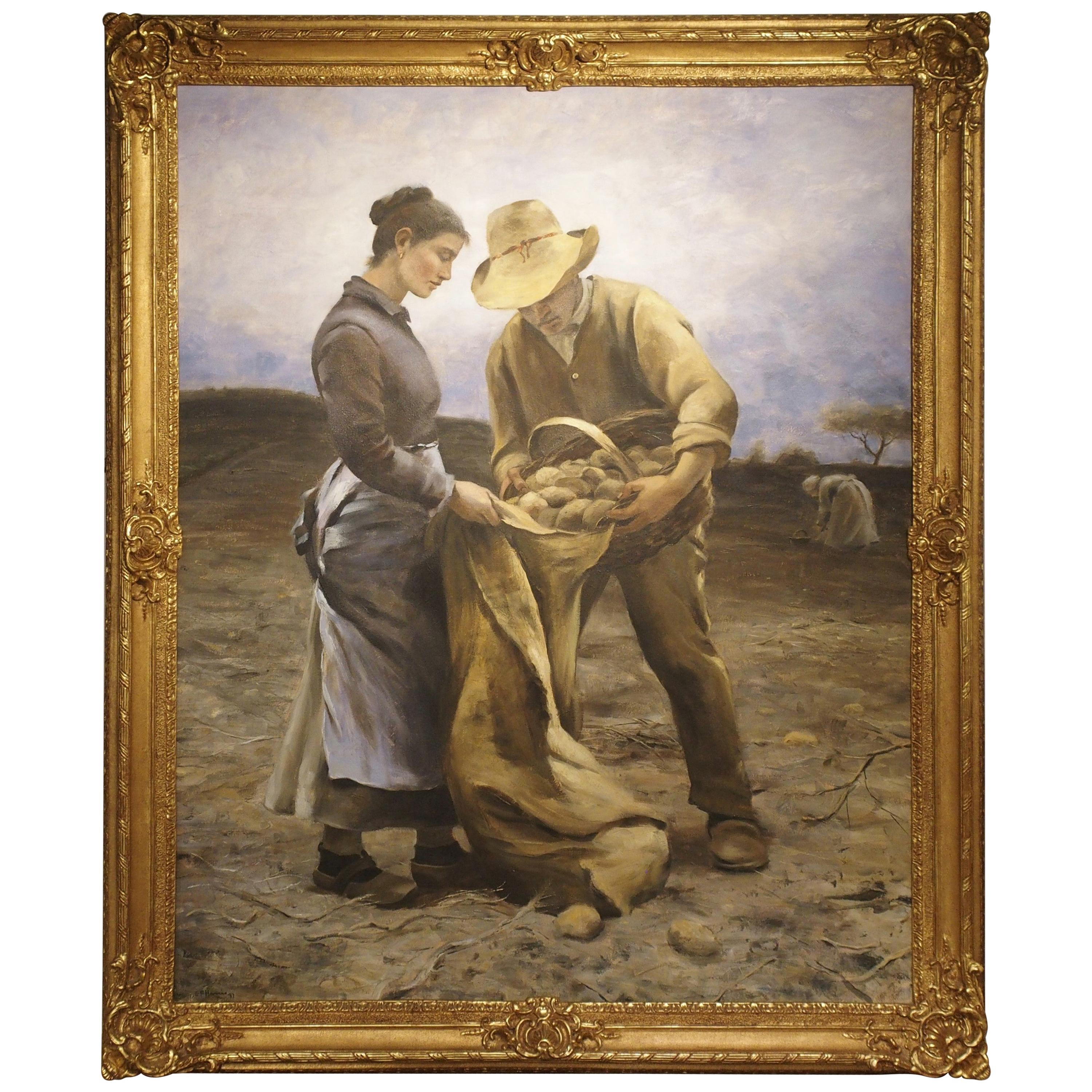 Large Oil on Canvas in Giltwood Frame, "Potatisplockarna"