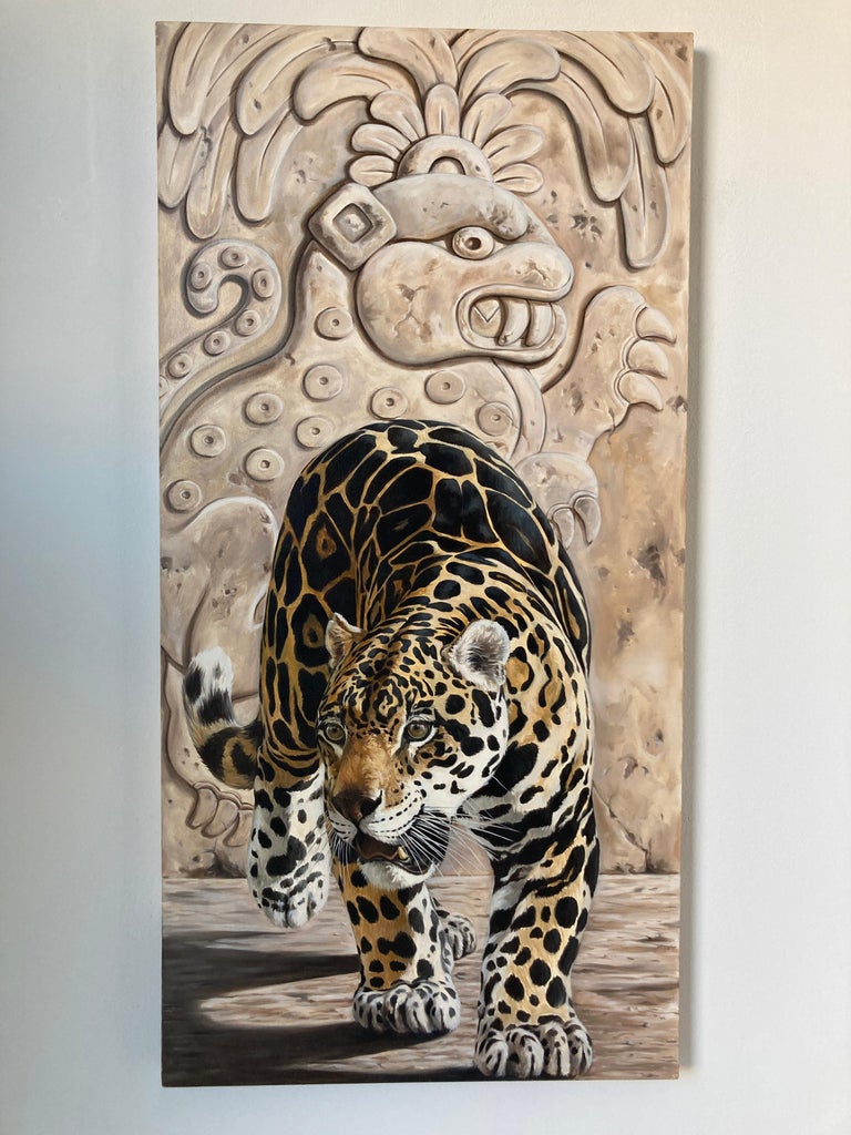 Very large oil on canvas, ancient tableau, Jaguar by Kindrie Grove, Canadian Artist.
Large oil painting that depicts a Mayan Jaguar.
Made in 2002.
The architectural background for the Jaguar is ancient Mayan, featuring the Jaguar God wearing a