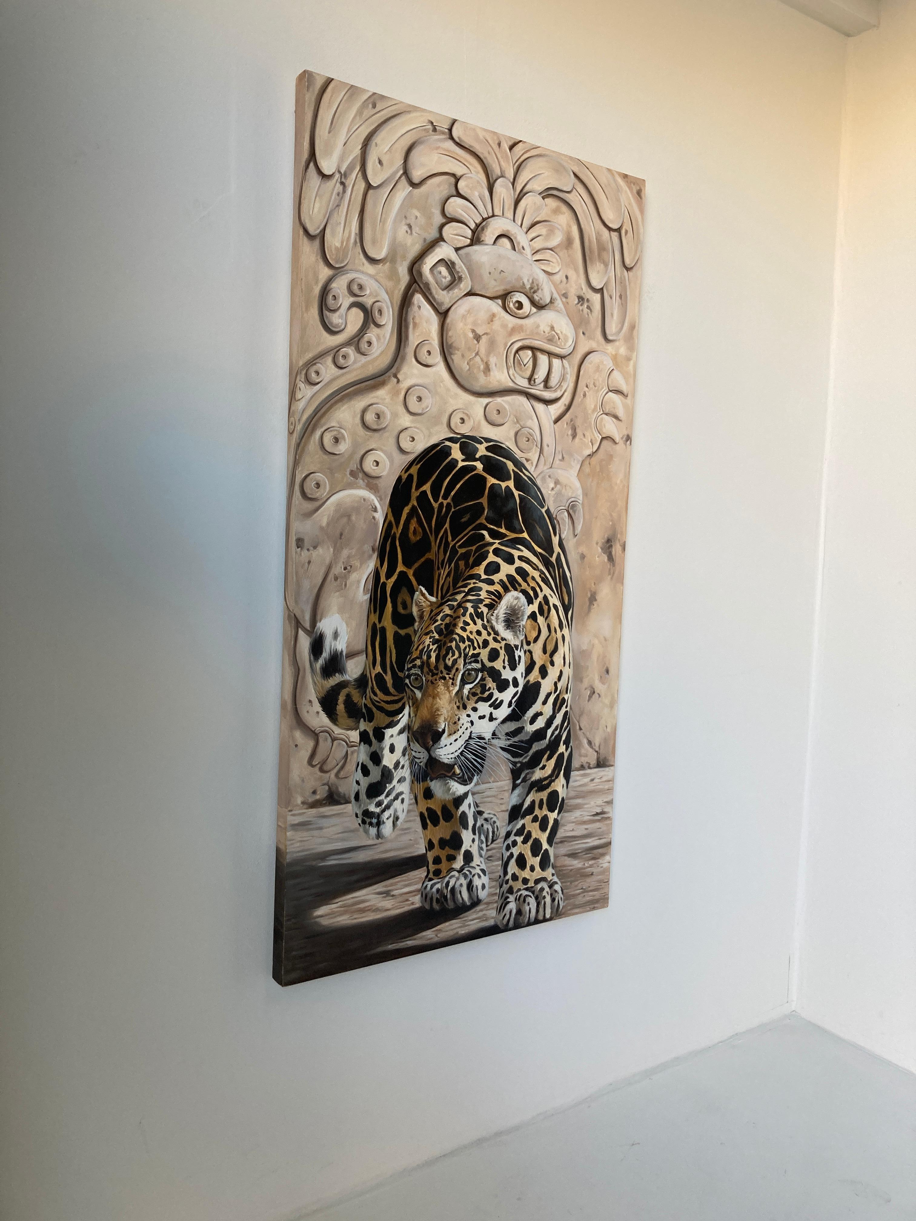 Artisanat Grande huile sur toile Mayan Jaguar de Kindrie Grove 2002 en vente