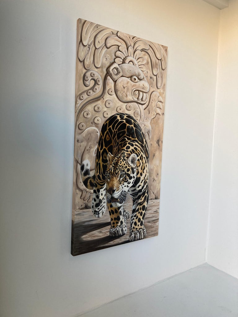 Tribal Large Oil on Canvas, Mayan Jaguar by Kindrie Grove 2002 For Sale