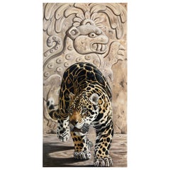 Vintage Large Oil on Canvas, Mayan Jaguar by Kindrie Grove 2002