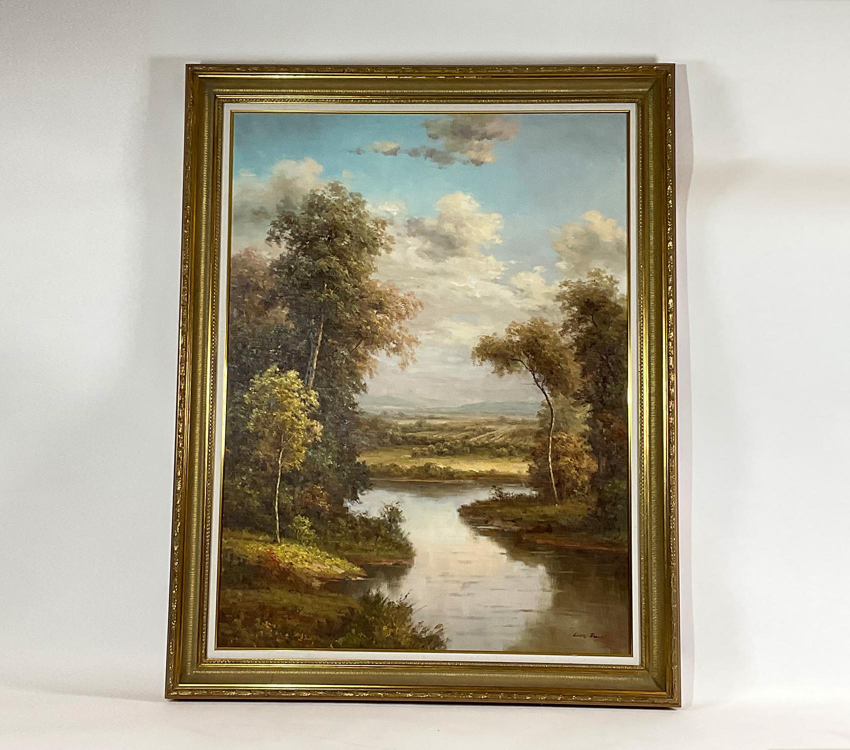 Exceptionally large oil on canvas landscape painting showing a creek or river. Twentieth century. Not rare just decorative. Signed Leo Davis.