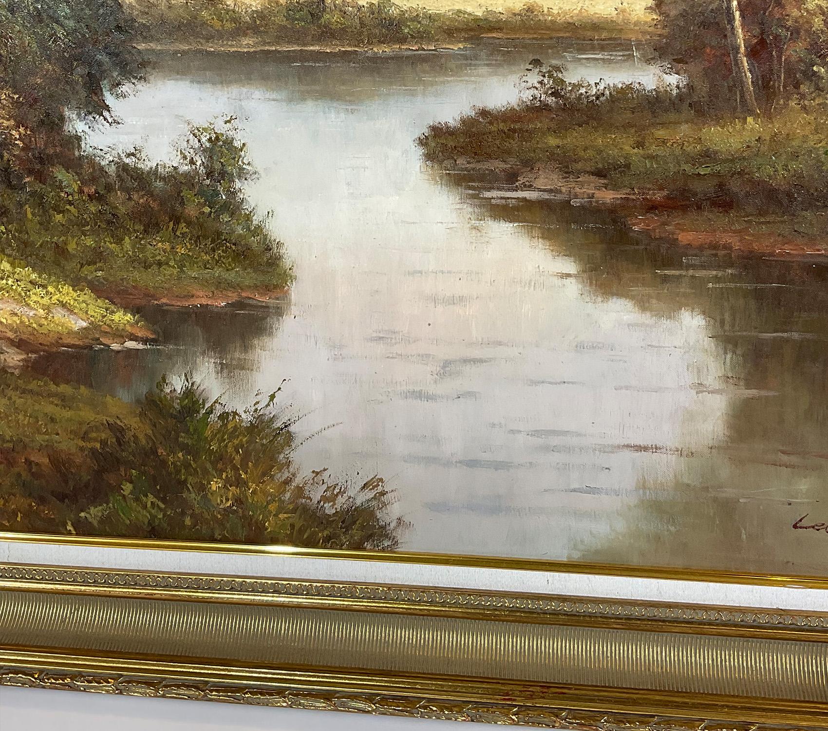 Fin du 20e siècle Grande peinture de paysage à l'huile sur toile en vente
