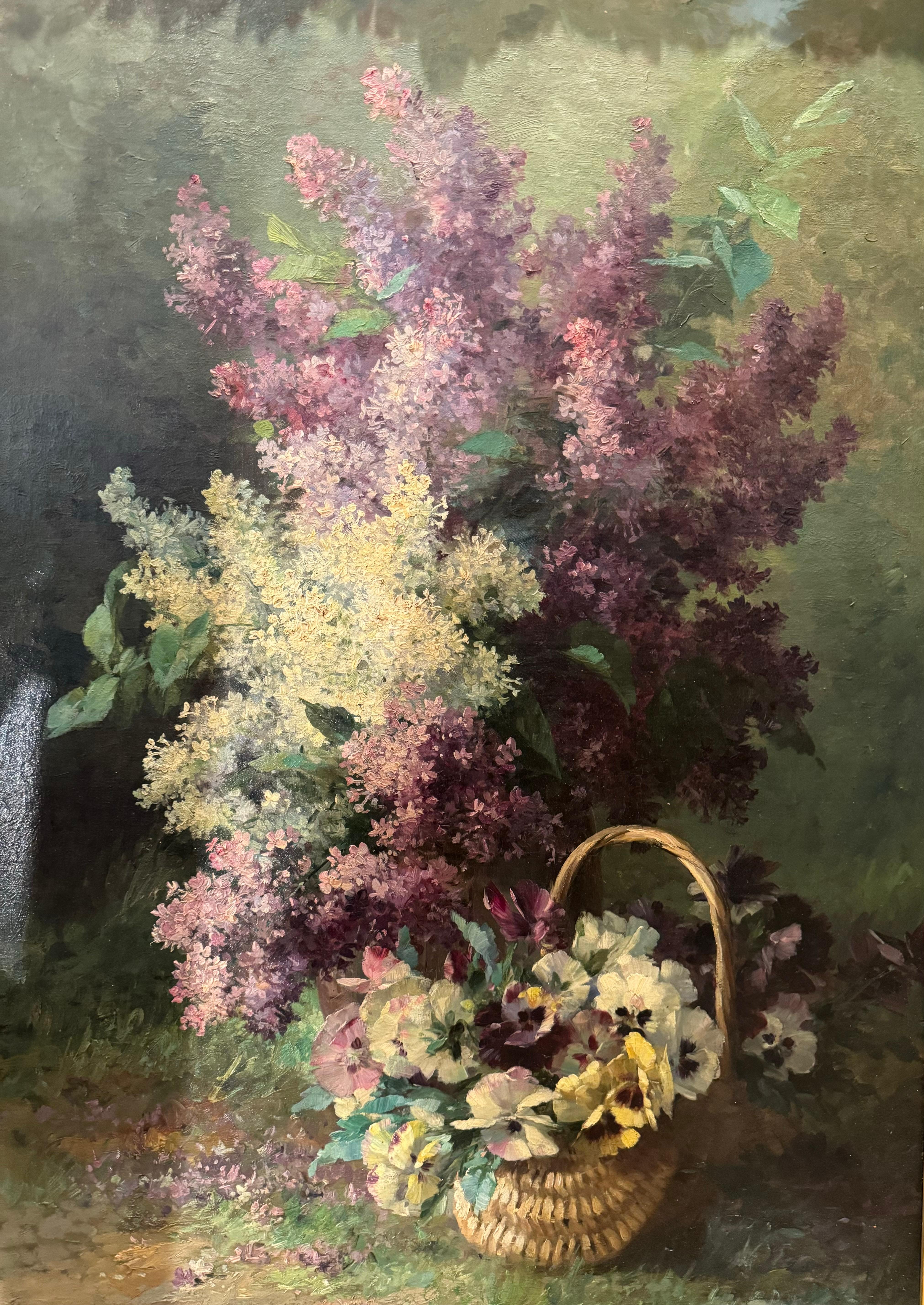 Belle Époque Olio su tela di grandi dimensioni, Lillà e viole, FURCY de LAVAULT, 1880 ca. in vendita