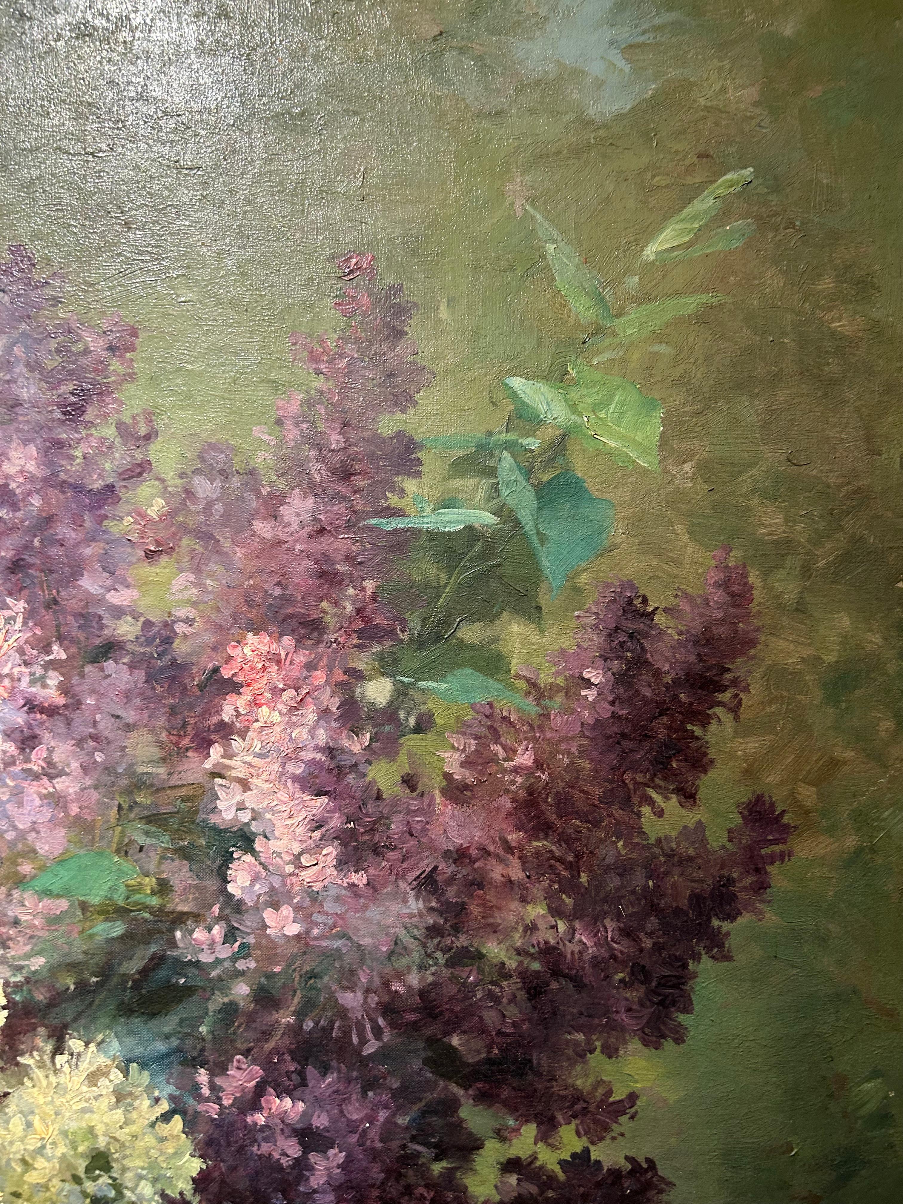Dipinto a mano Olio su tela di grandi dimensioni, Lillà e viole, FURCY de LAVAULT, 1880 ca. in vendita