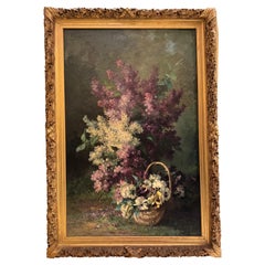 Antique Large oil on canvas, Lilacs and Pansies , FURCY de LAVAULT, circa 1880