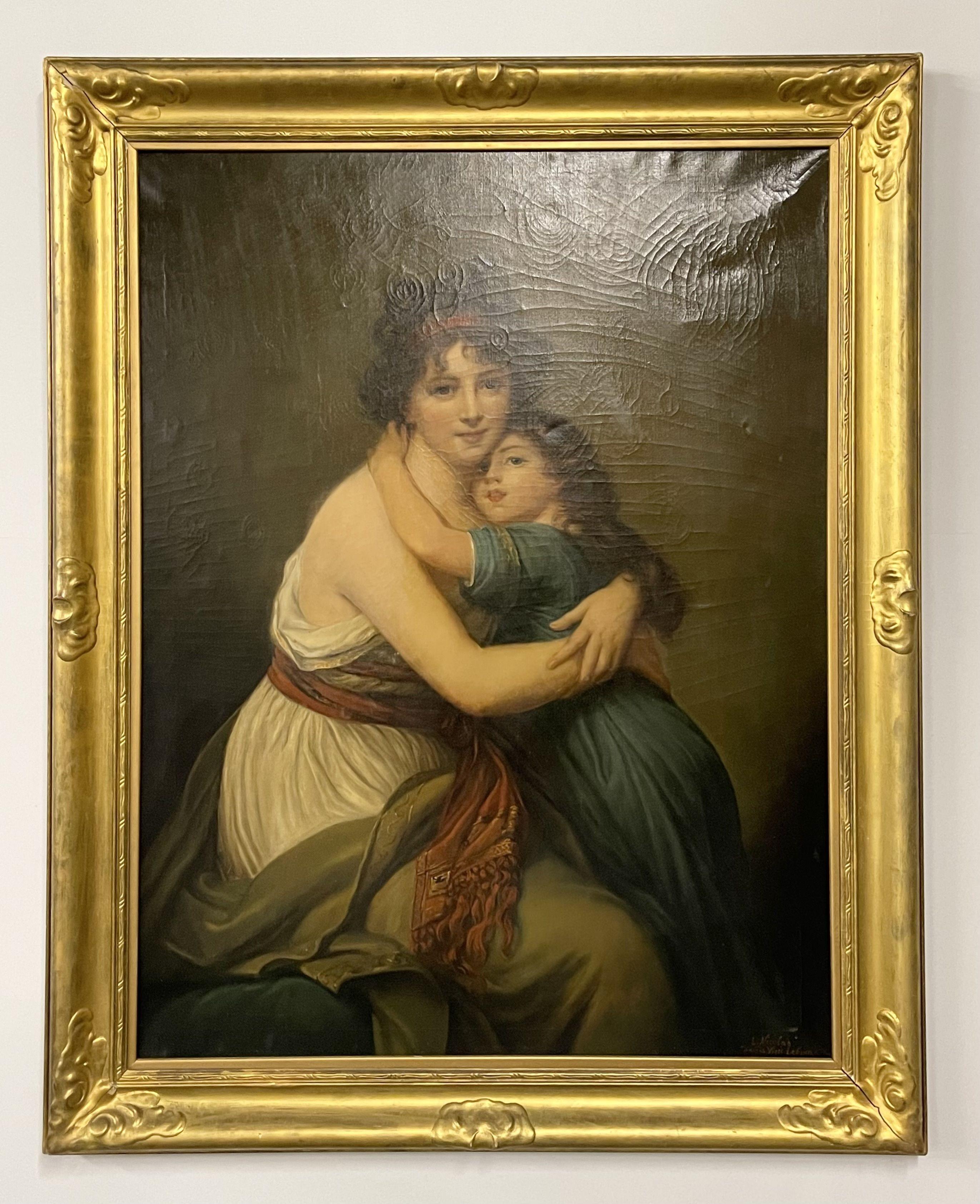 An Oil on Canvas Signed L. Nicolas. A follower of Nicolas Lancret (Paris 1690 - Paris 1743). This wonderfully detailed oil on canvas of mother and child in a solid carved wood frame.

Several photographs shot directly from Dr Shawn Garber's home on