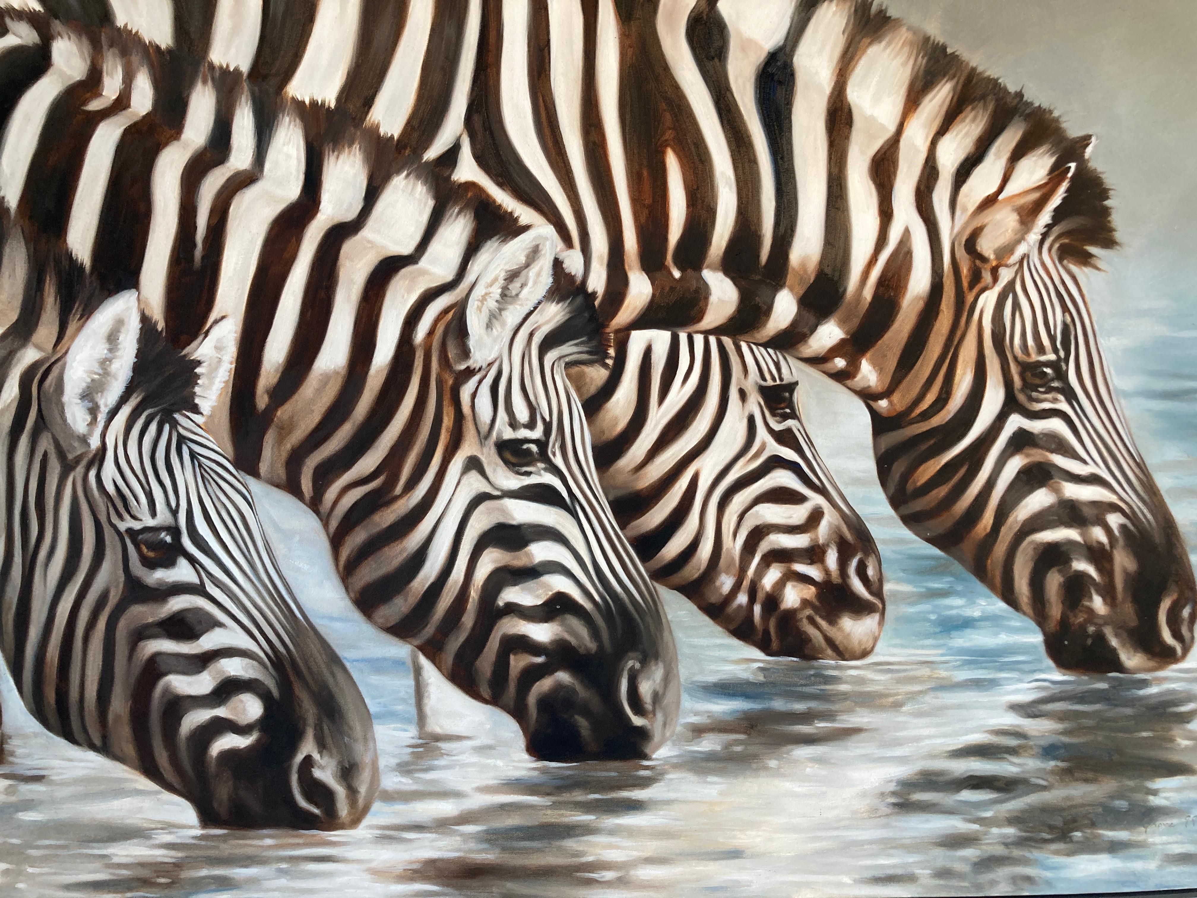 Large Oil on Canvas Oasis, African Zebras by Kindrie Grove, 1999 For Sale 6