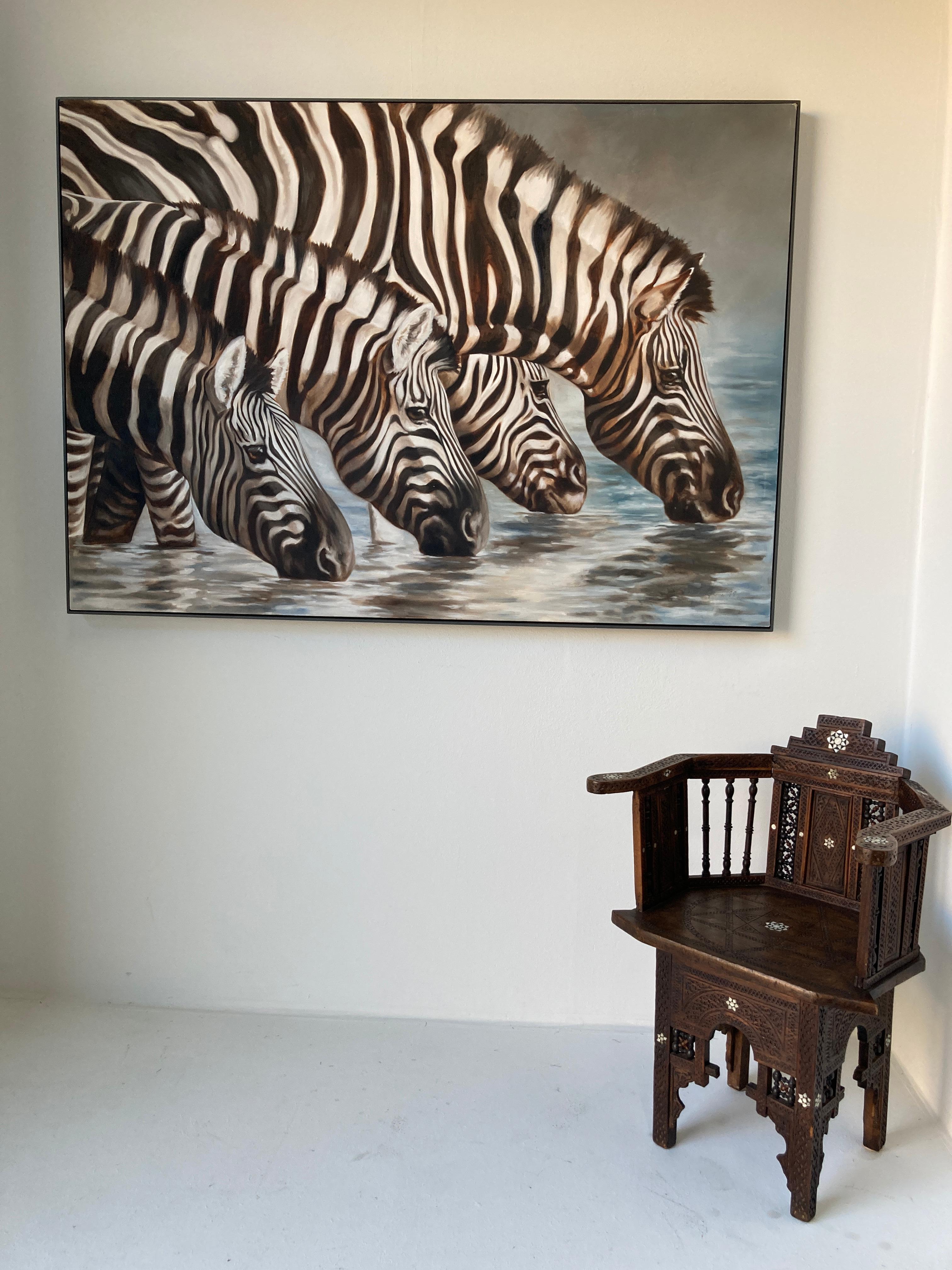 Large Oil on Canvas Oasis, African Zebras by Kindrie Grove, 1999 For Sale 7