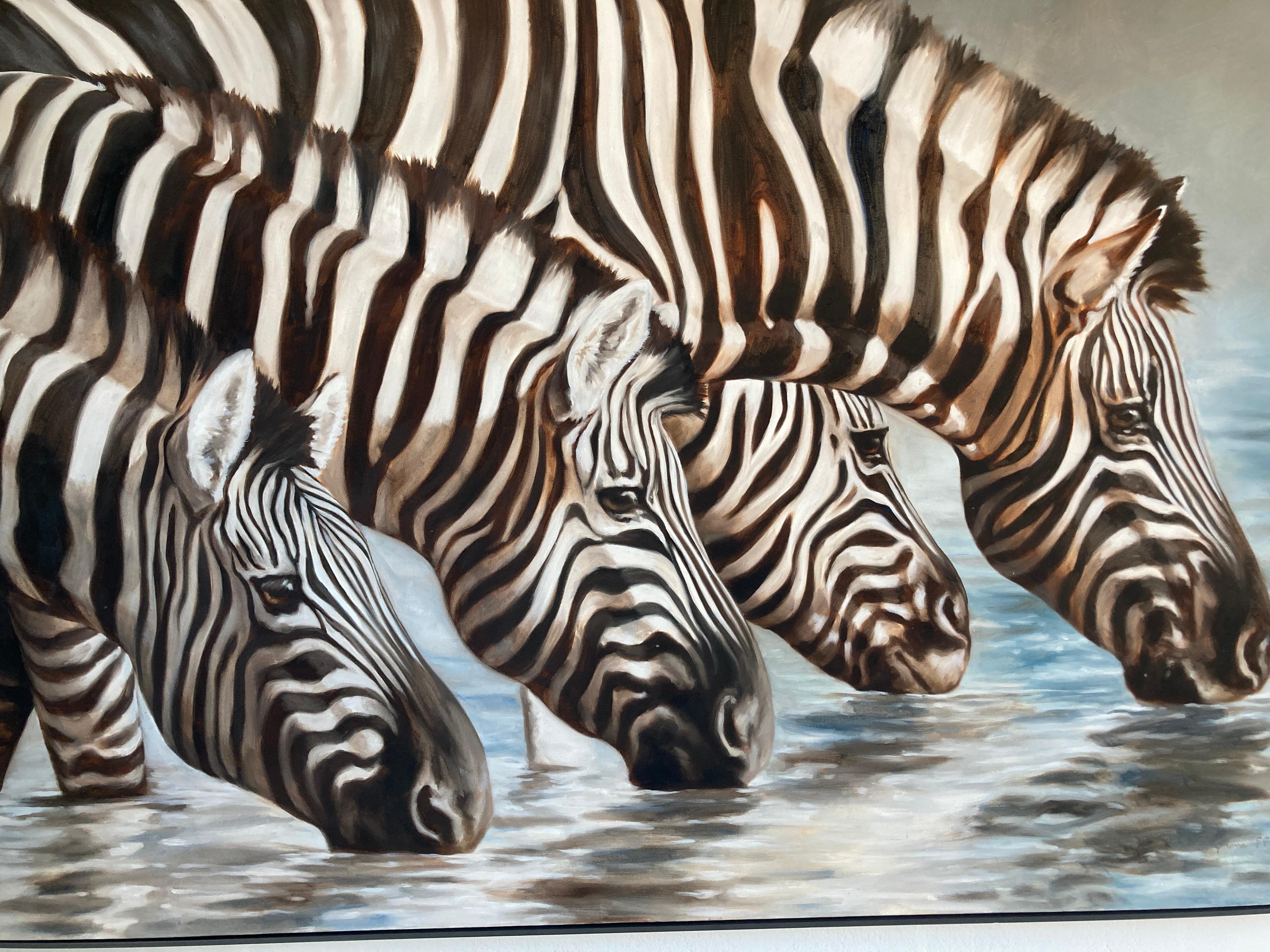 Large Oil on Canvas Oasis, African Zebras by Kindrie Grove, 1999 For Sale 8